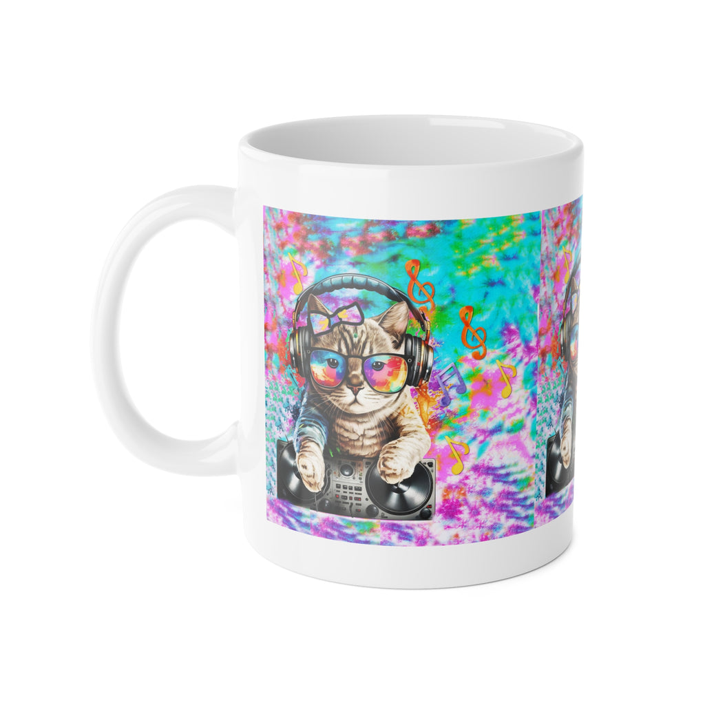 DJ Cat Ceramic Mug — Colorful Retro Cat with Headphones & Turntable, 11oz Coffee Cup