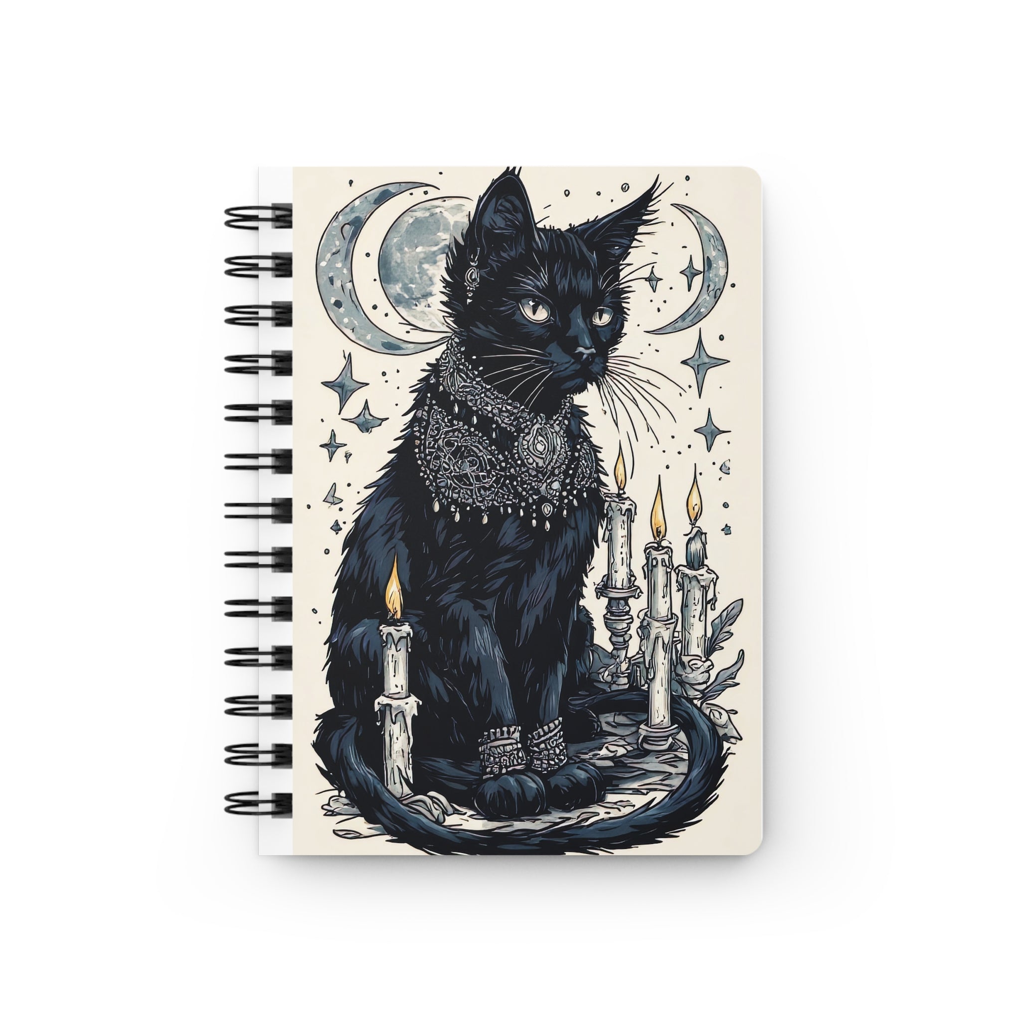 Mystic Black Cat Spiral Journal — Witchy Moon & Candle Notebook