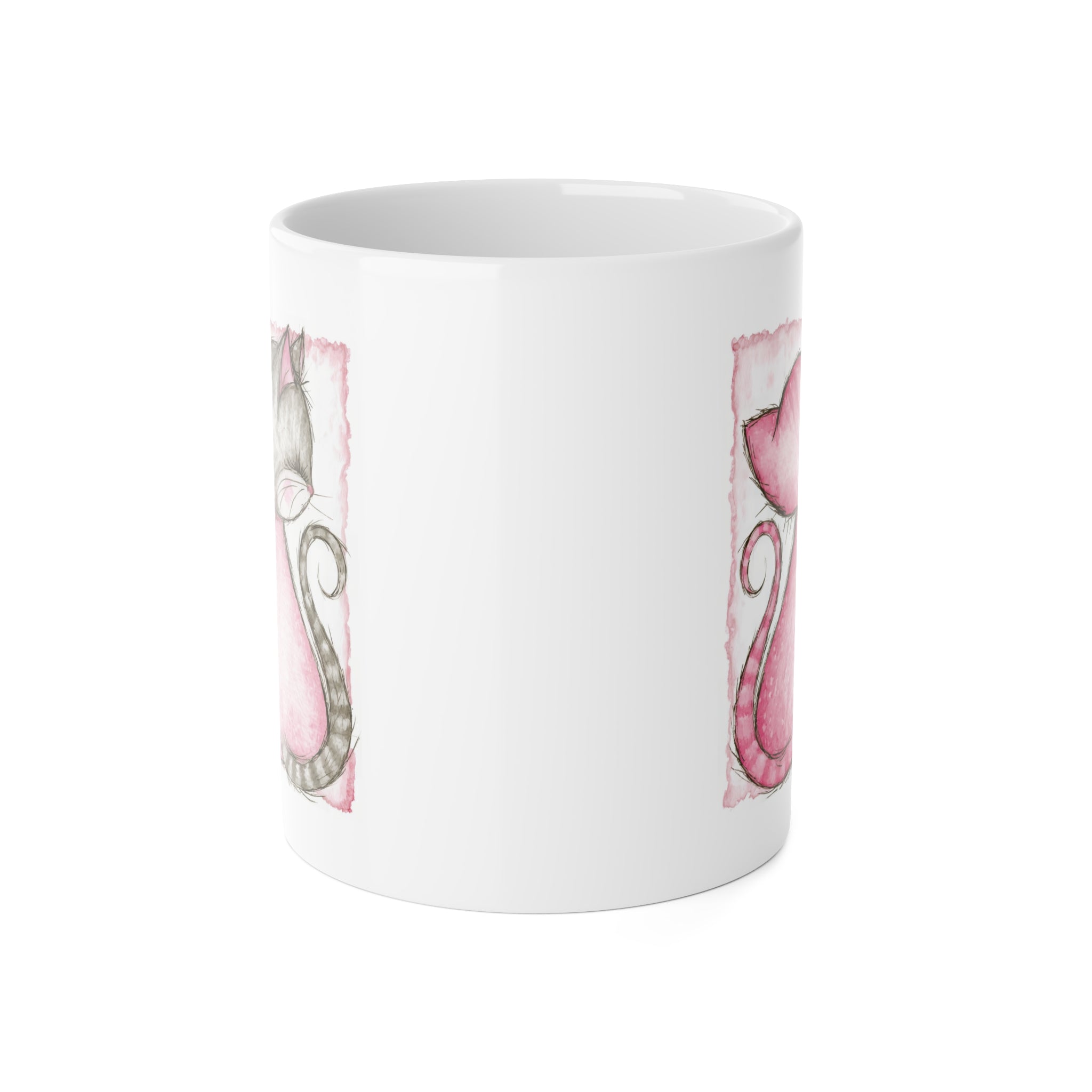 Pink Cats Ceramic Mug — Cute Pairing Cat Illustration, Romantic Gift 11oz