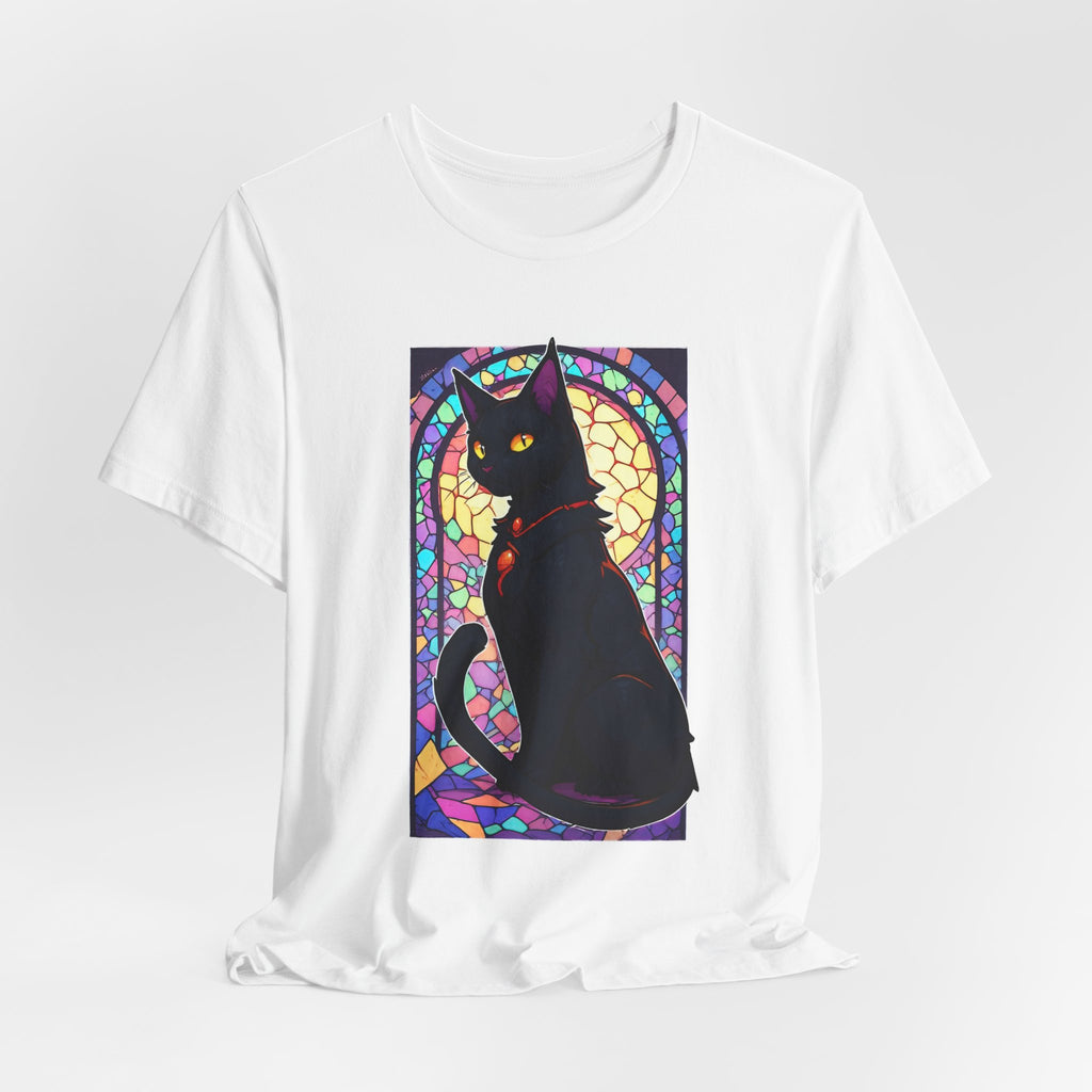 Stained Glass Black Cat T-Shirt — Mystic Gothic Cat Art Tee
