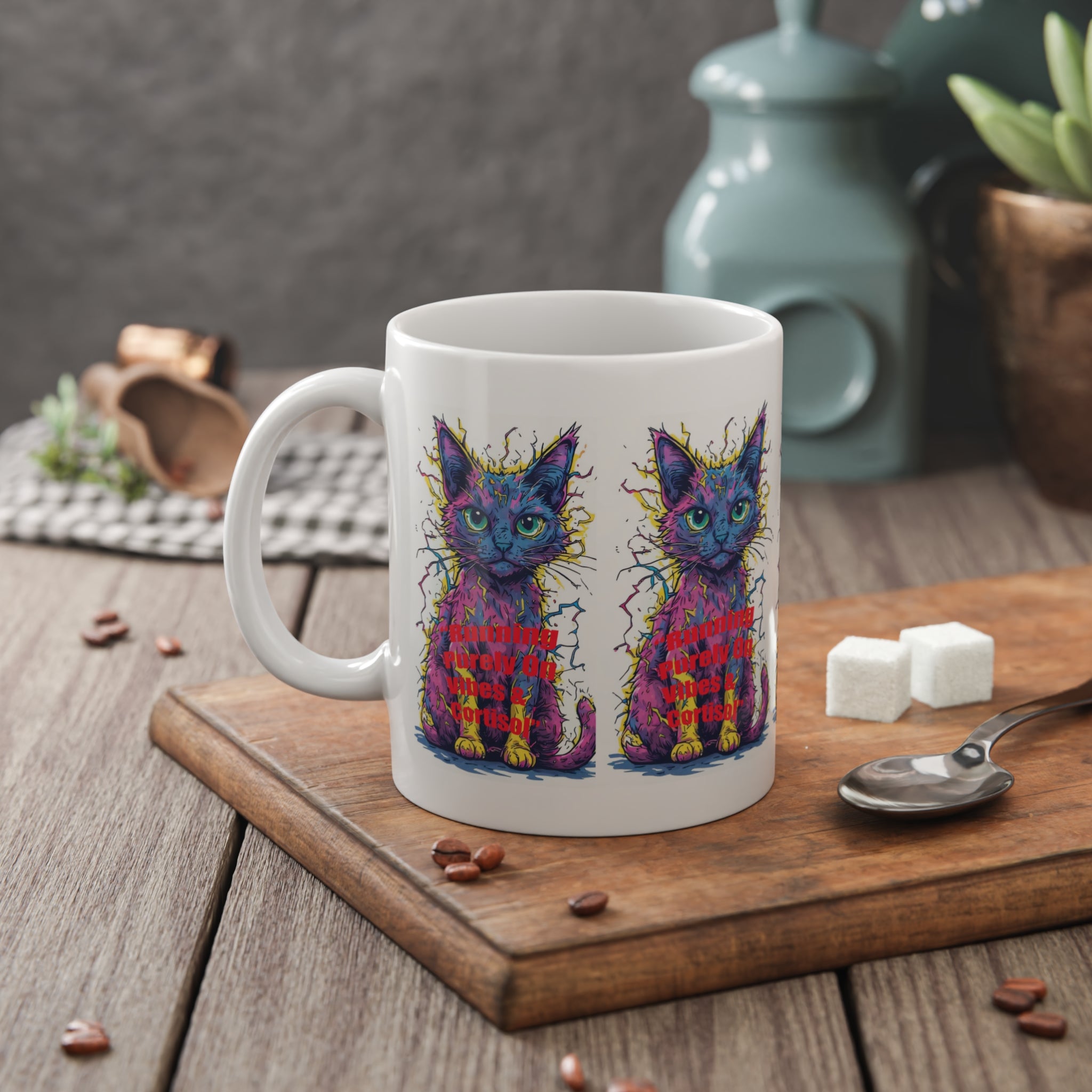 Colorful Psychedelic Cat Mug — 'I’m Probably Not Listening' Ceramic Coffee Cup (11oz)