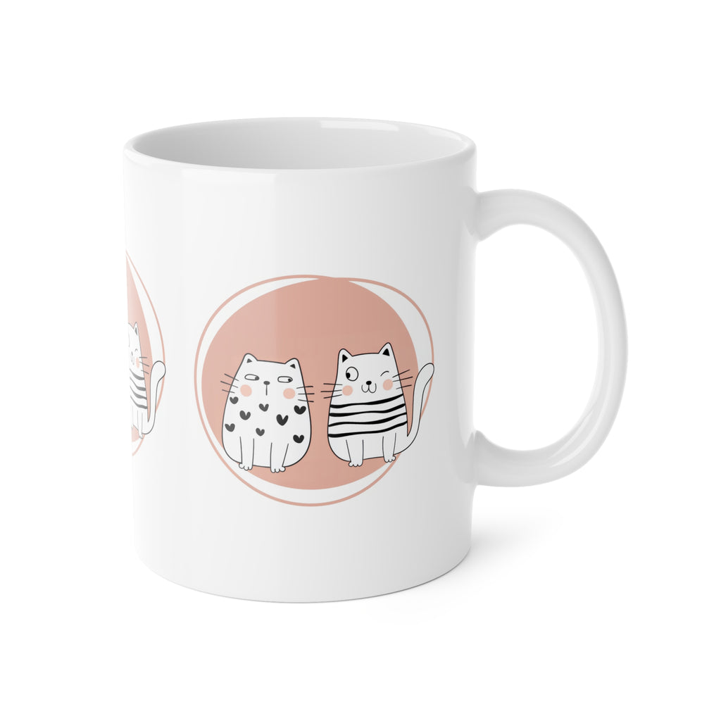 Cat Duo Ceramic Mug — Cute Kawaii Cats on Blush Circle, 11oz Coffee Cup