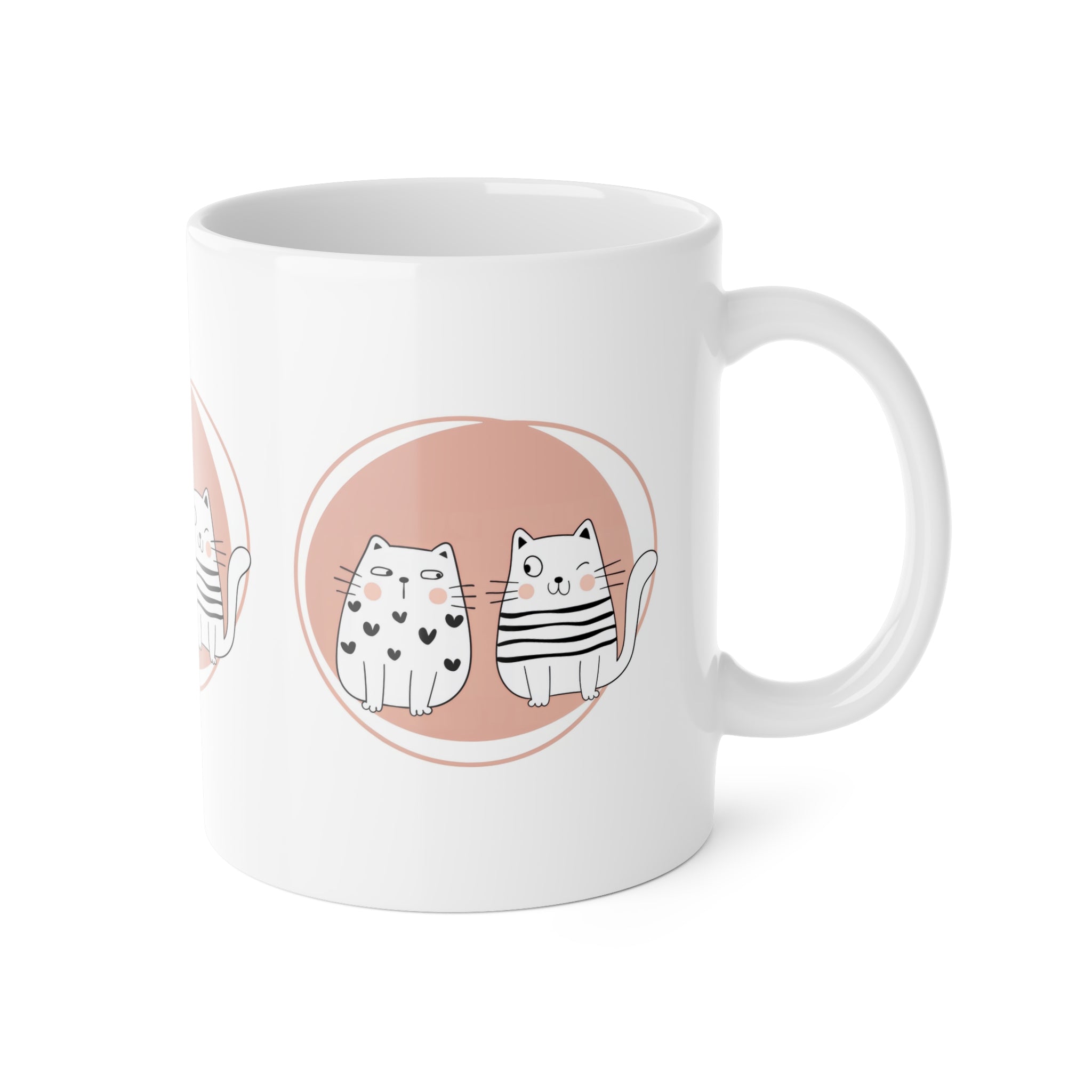 Cat Duo Ceramic Mug — Cute Kawaii Cats on Blush Circle, 11oz Coffee Cup