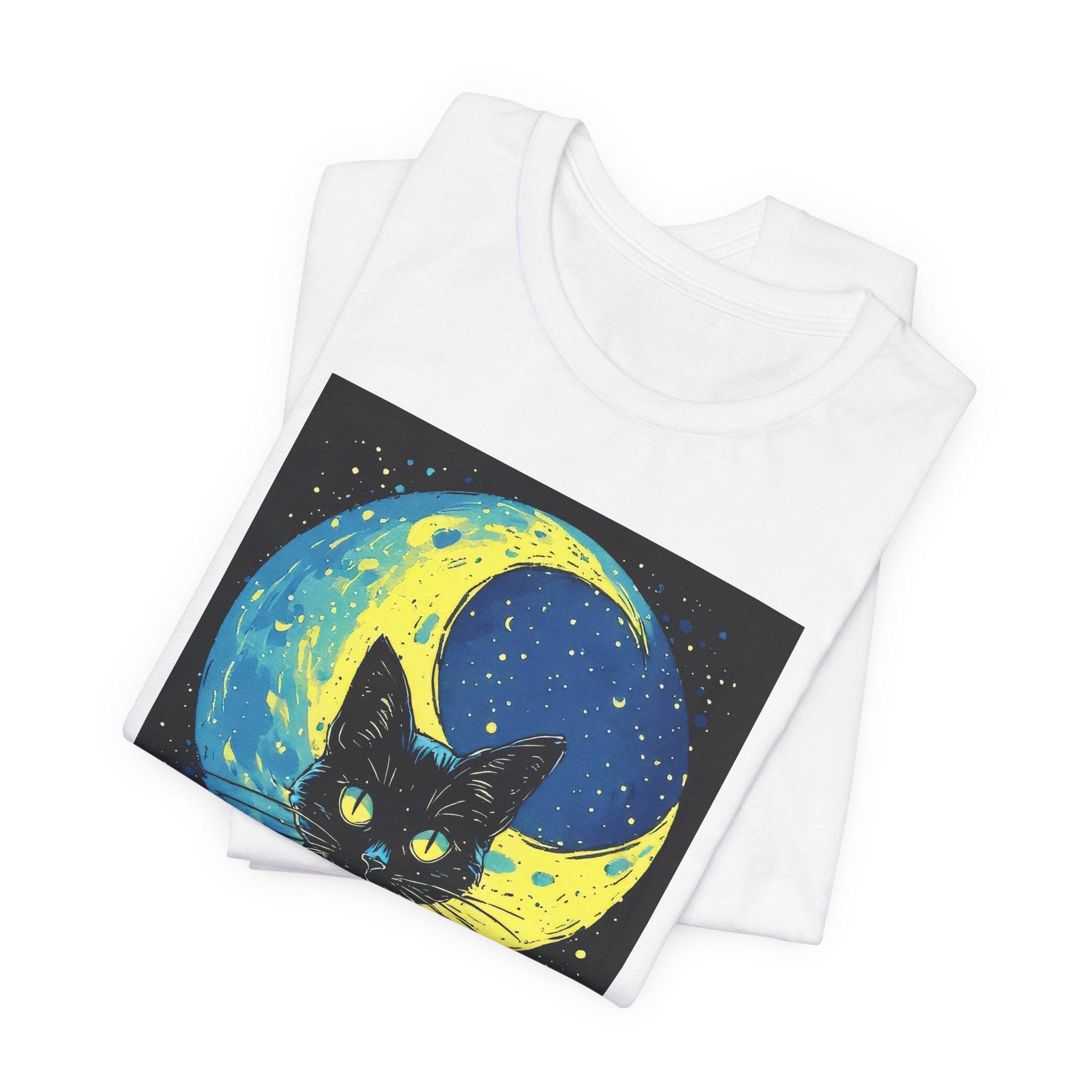 Cat Moon T-Shirt — Black Cat Illustration Tee with Crescent Moon Night Sky