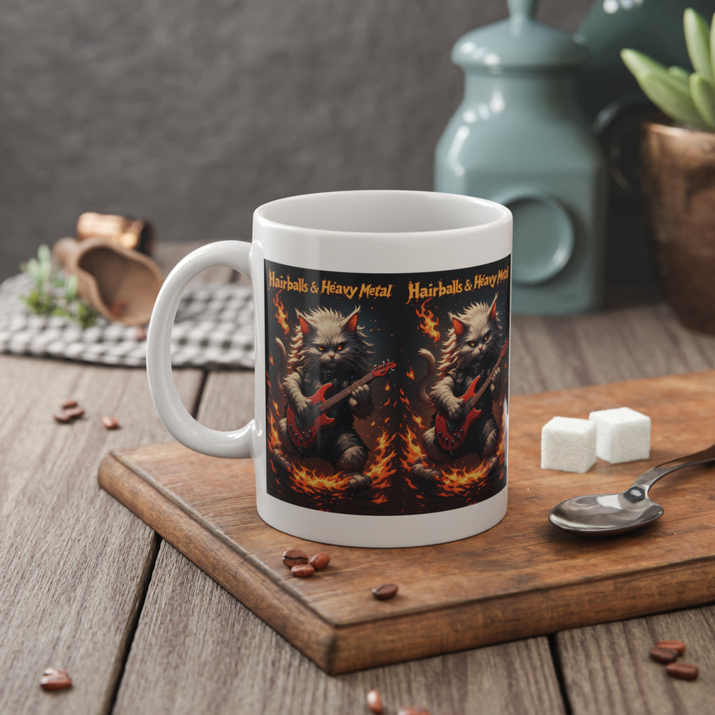 Ceramic Mug — 'Hairballs & Heavy Metal' Flaming Guitar Cat Coffee Mug
