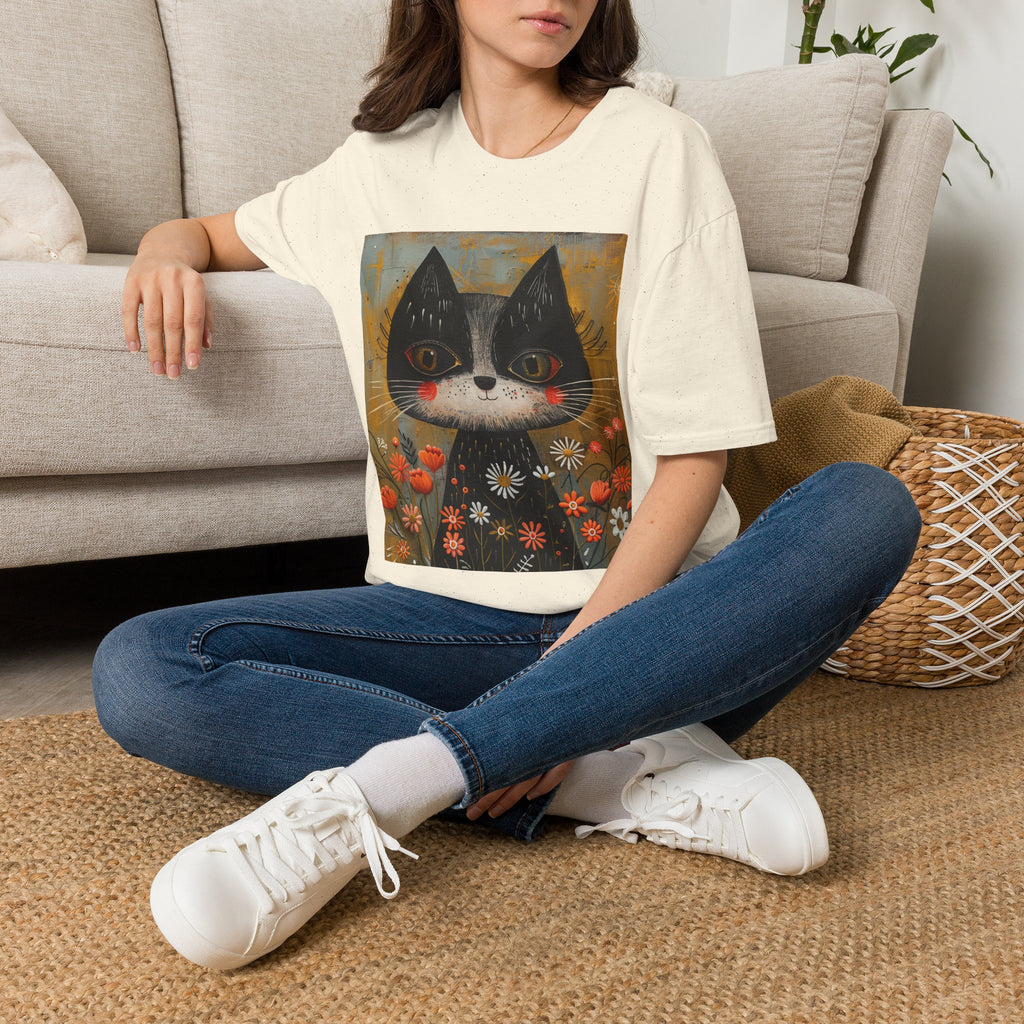 Whimsical Black & White Cat Tee — Cute Floral Portrait T-Shirt
