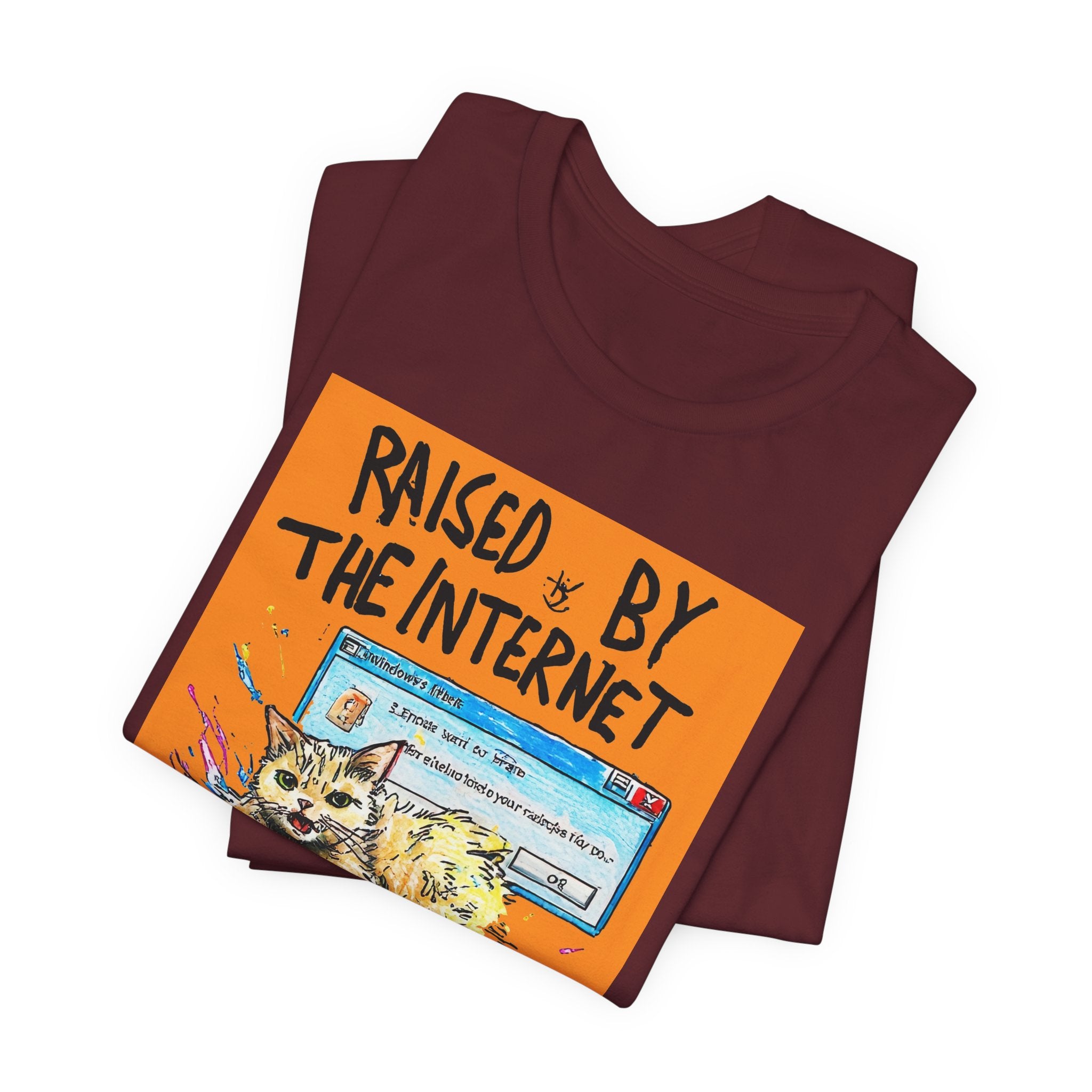 Raised By The Internet Tee — Graphic Cat Vintage Computer T‑Shirt