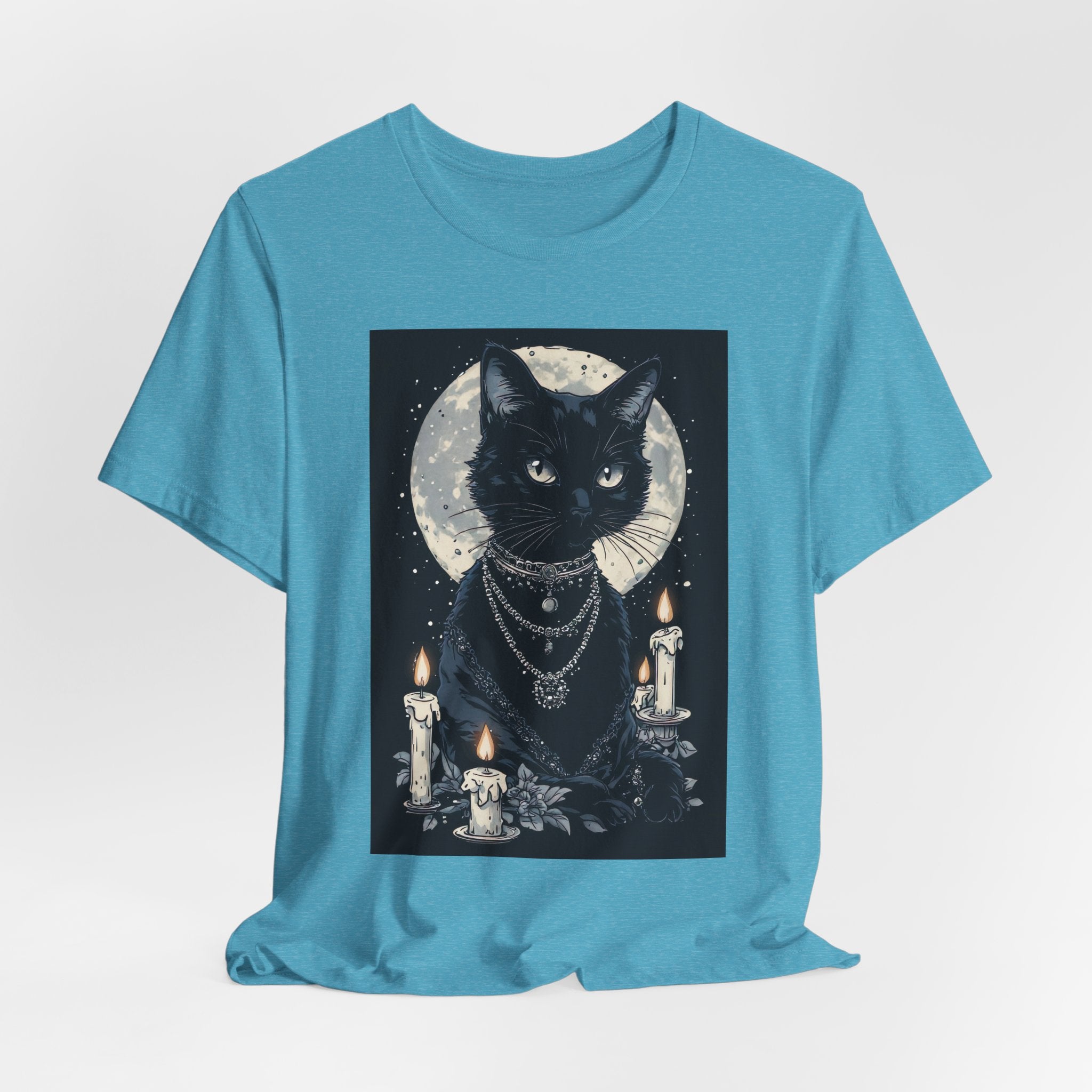 Mystic Moon Black Cat Tee — Gothic Cat T-Shirt with Candles & Crescent Moon