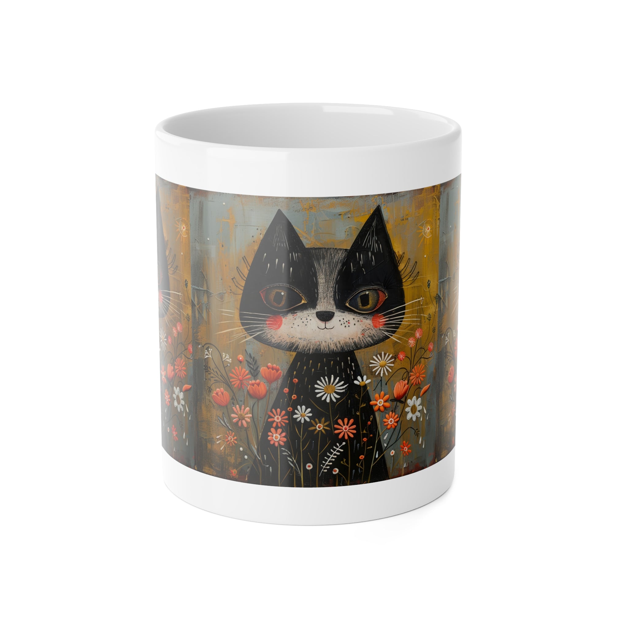 Cute Black Cat Floral Mug — Whimsical Daisy Garden Ceramic Coffee Cup
