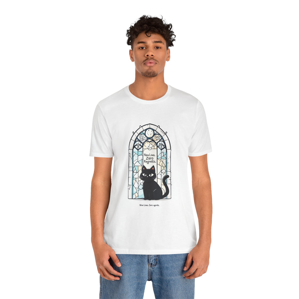 Cat Stained Glass Tee — 'No Lives, Zero Regrets' Graphic T-Shirt