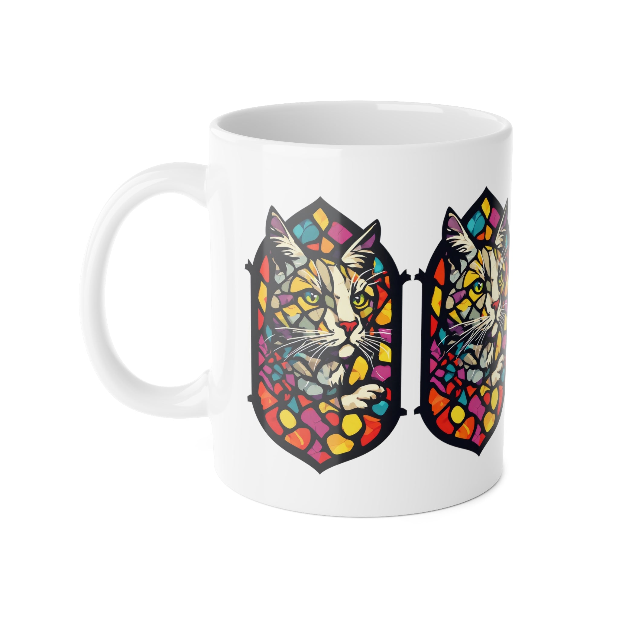 Stained Glass Cat Mug — Colorful Tabby Ceramic Coffee Cup, Cat Lover Gift