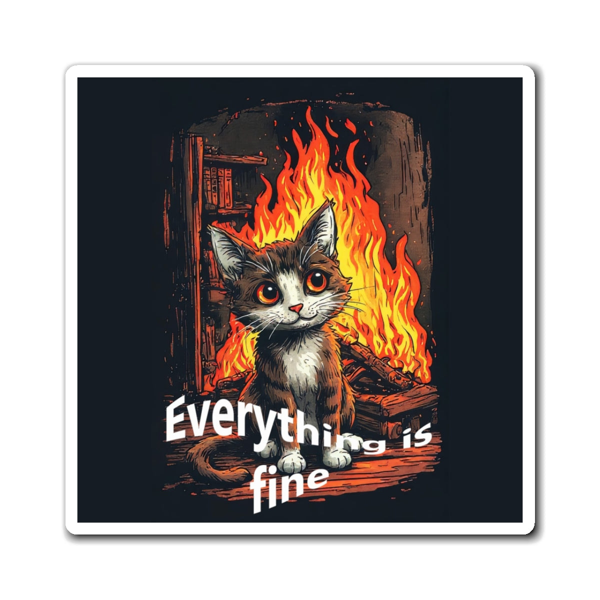Everything Is Fine Cat Magnet — Funny Kawaii Cat Refrigerator Magnet with Flame Design