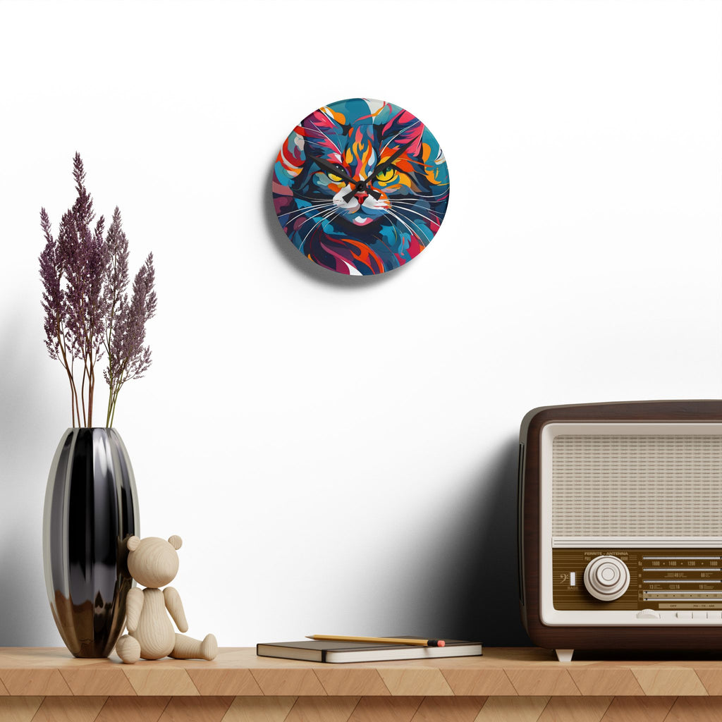 Vibrant Pop Art Cat Acrylic Wall Clock – Colorful Modern Cat Home Décor