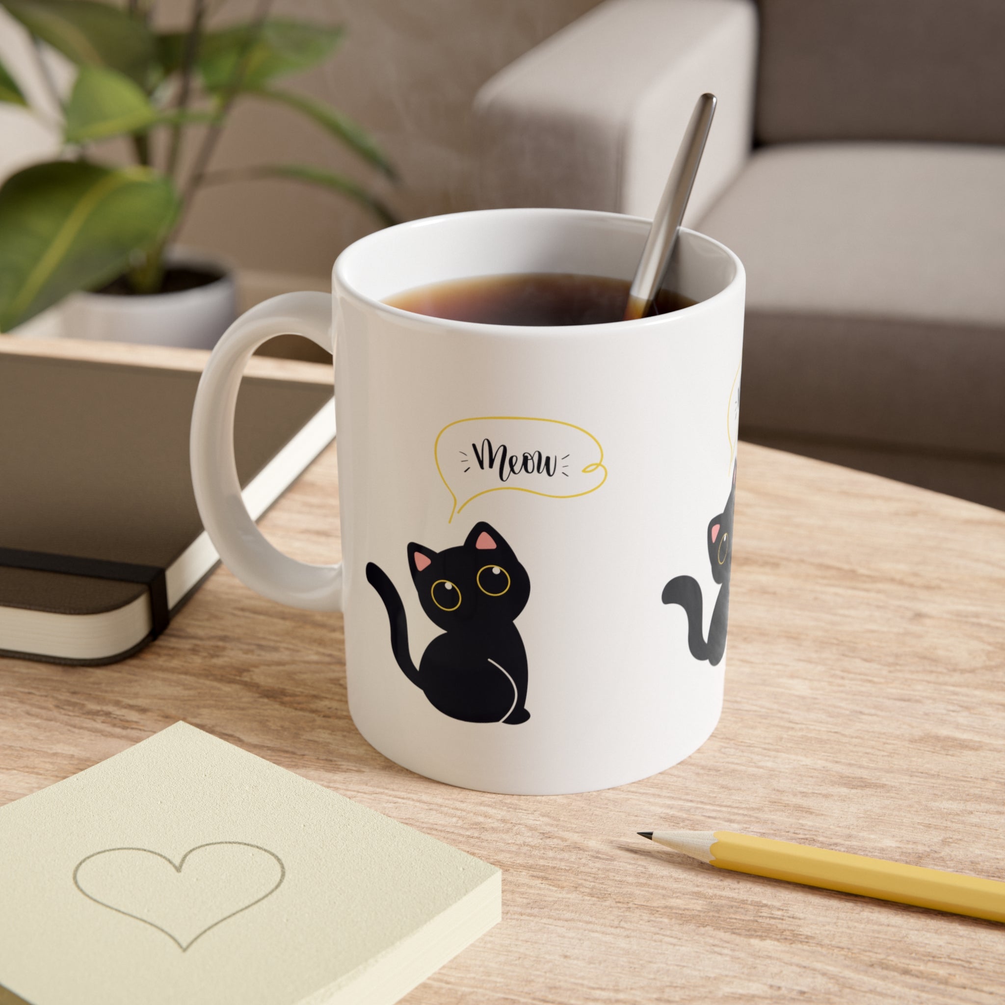 Cat Meow Mug — Cute Black Kitten Ceramic Coffee Cup, 11oz
