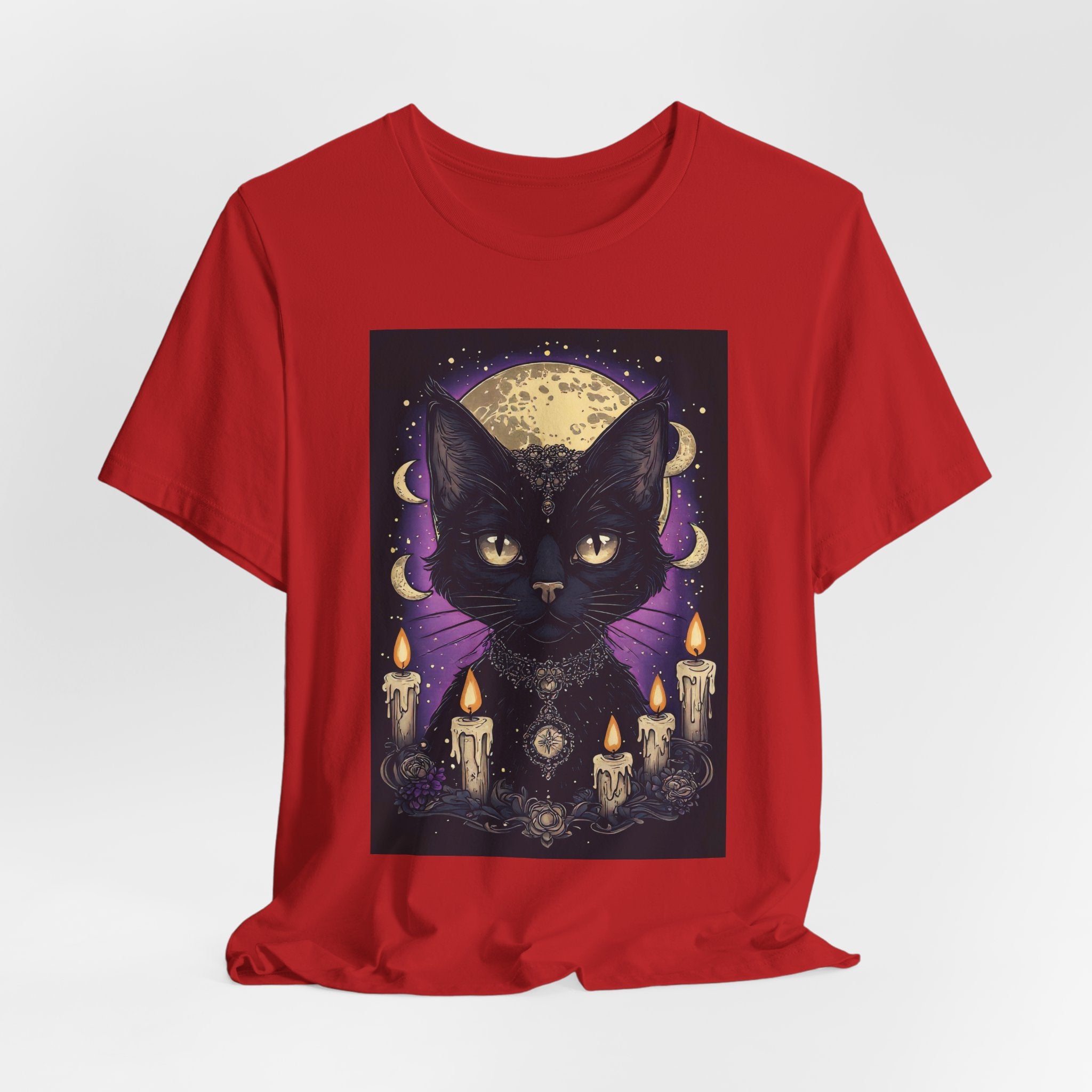 Mystic Black Cat Tee — Moon, Candles & Crescent Phases Graphic T-Shirt