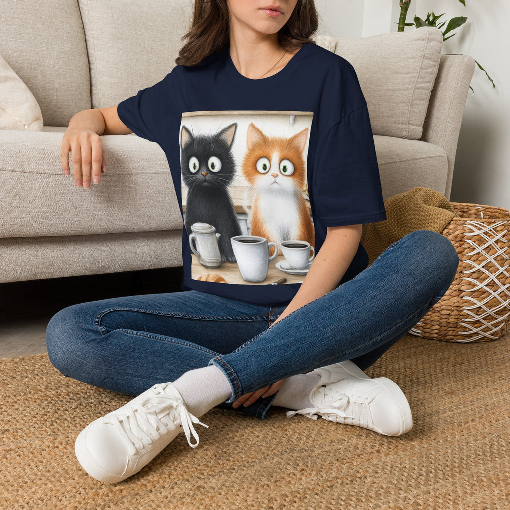Cute Coffee Cats T‑Shirt — Wide‑Eyed Black & Ginger Kittens Graphic Tee