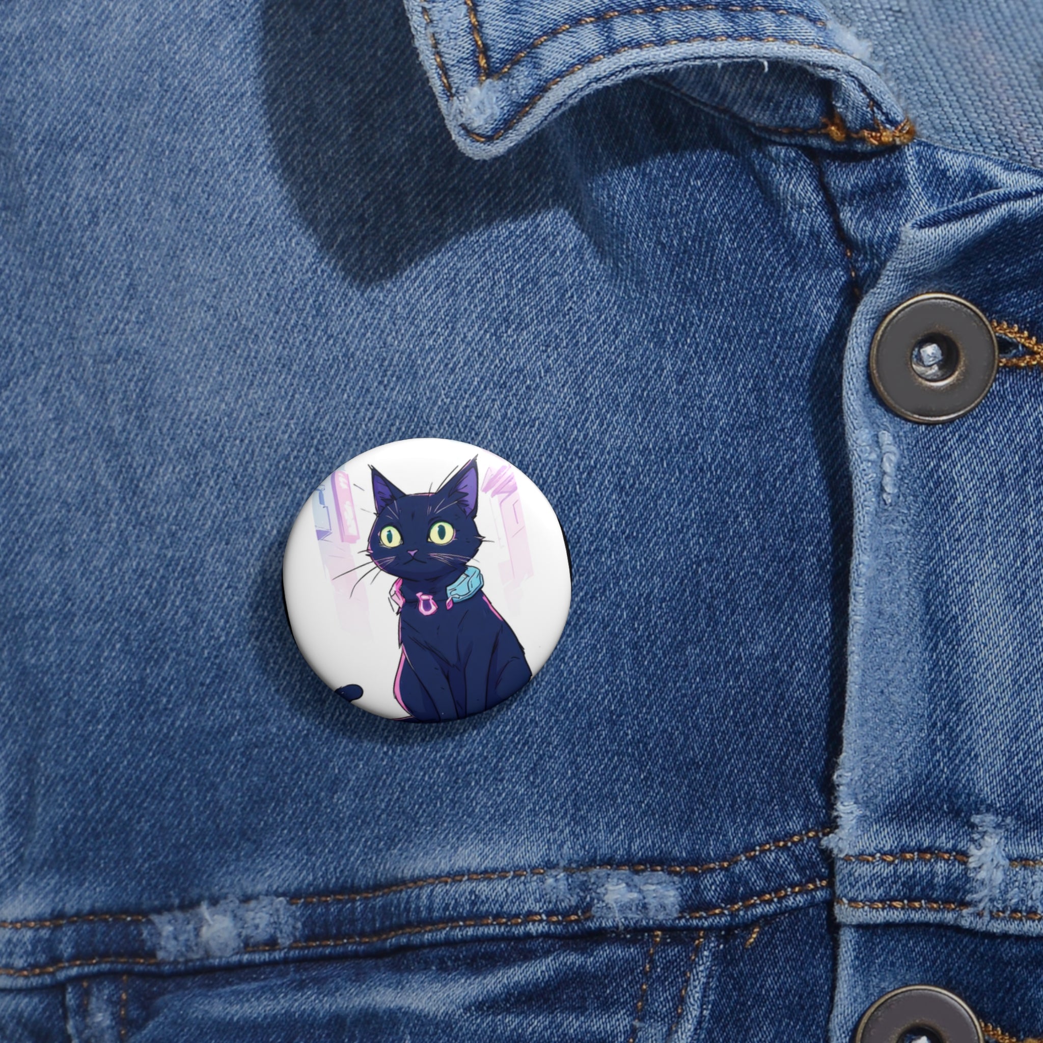 Cute Black Cat Pin Button — Anime Cat Badge with Collar, Kawaii Jacket Pin