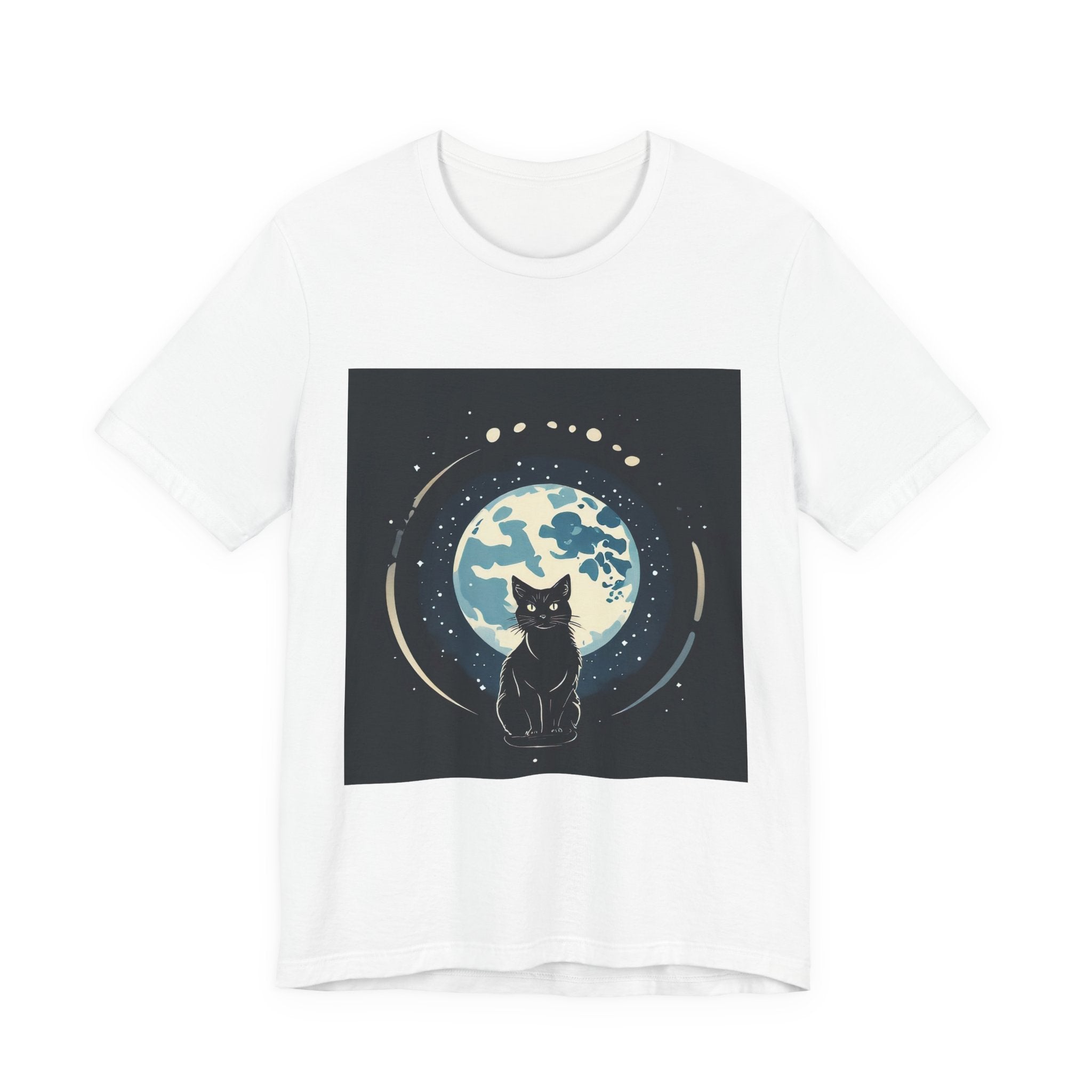 Moonlit Cat T‑Shirt — Black Cat Silhouette with Full Moon Graphic