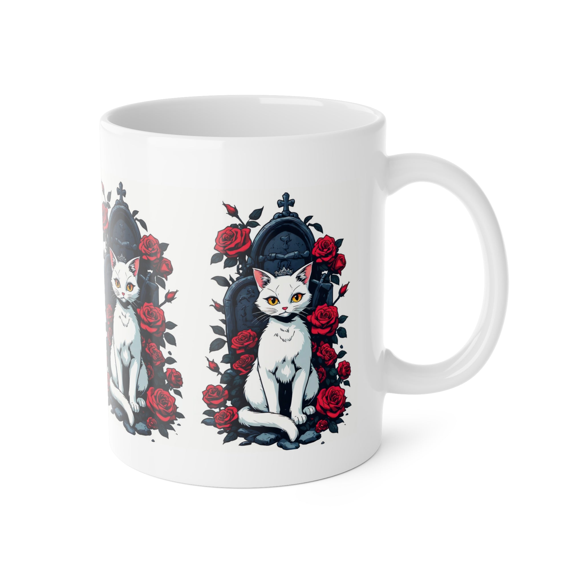 White Cat & Red Roses Ceramic Mug — Gothic Floral 11oz Coffee Cup