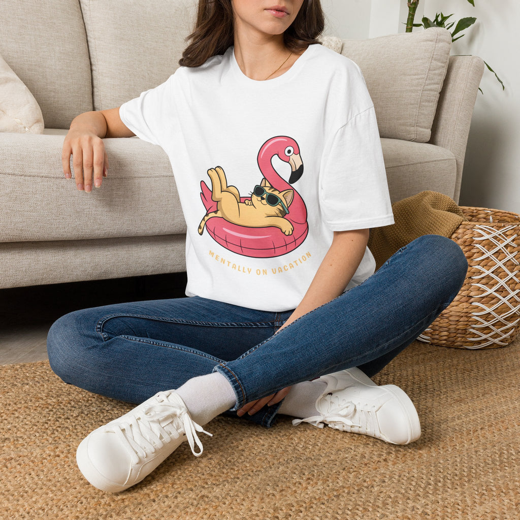 Cat on Flamingo Float T-Shirt — Cute Summer Pool Cat Graphic Tee