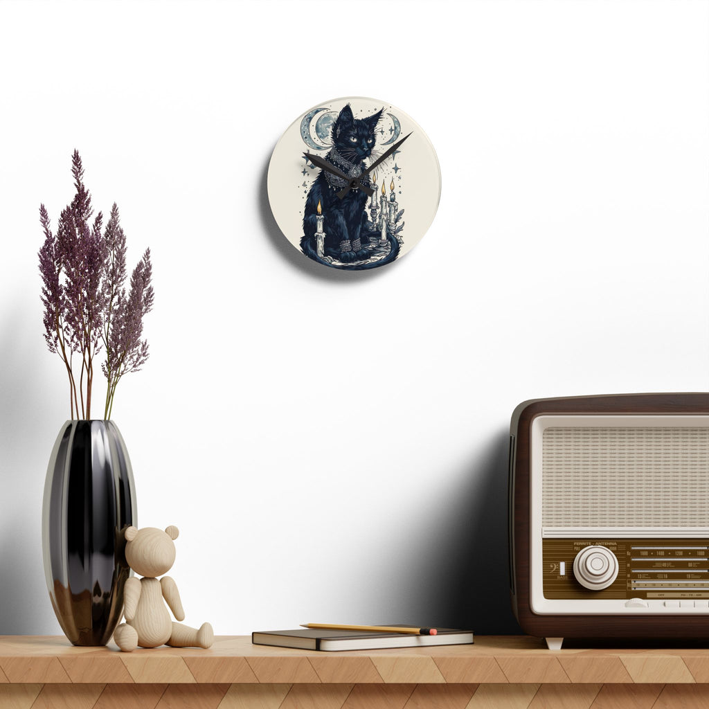 Celestial Black Cat Wall Clock – Mystical Moon & Candle Gothic Decor