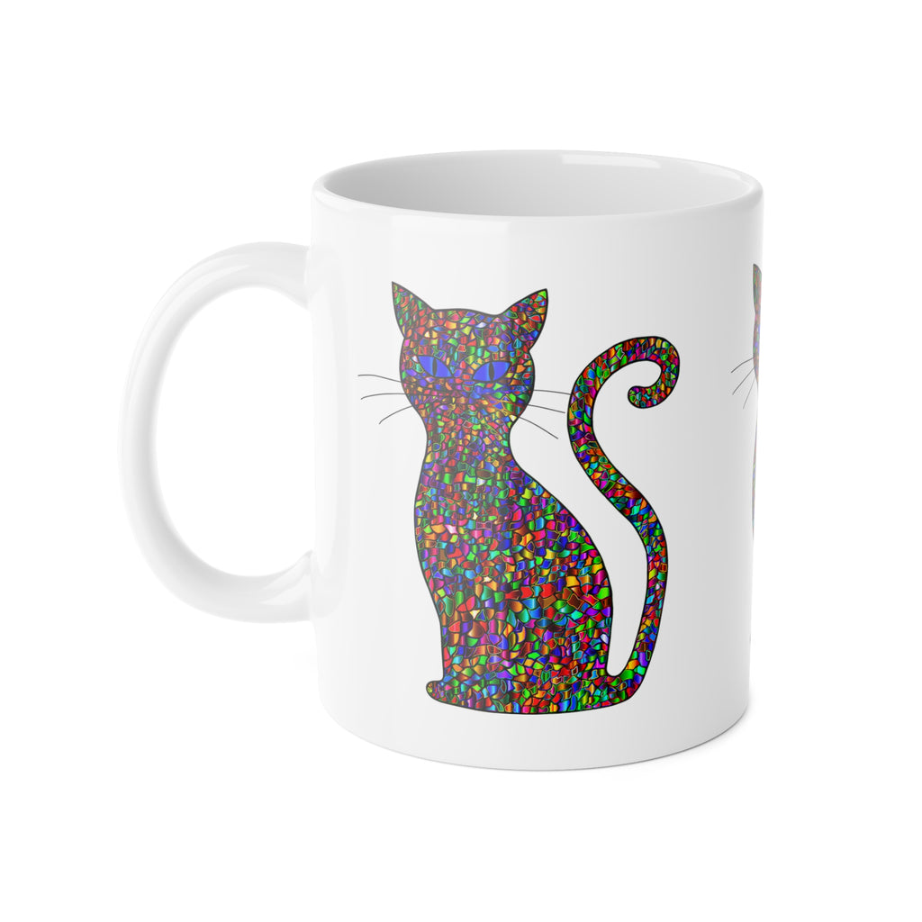 Colorful Mosaic Cat Mug — 11oz Ceramic Coffee Cup