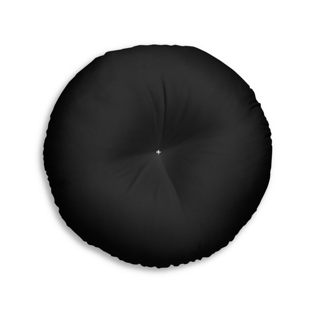 Round Tufted Floor Pillow — Black Cat Silhouette & Paw Print Pattern