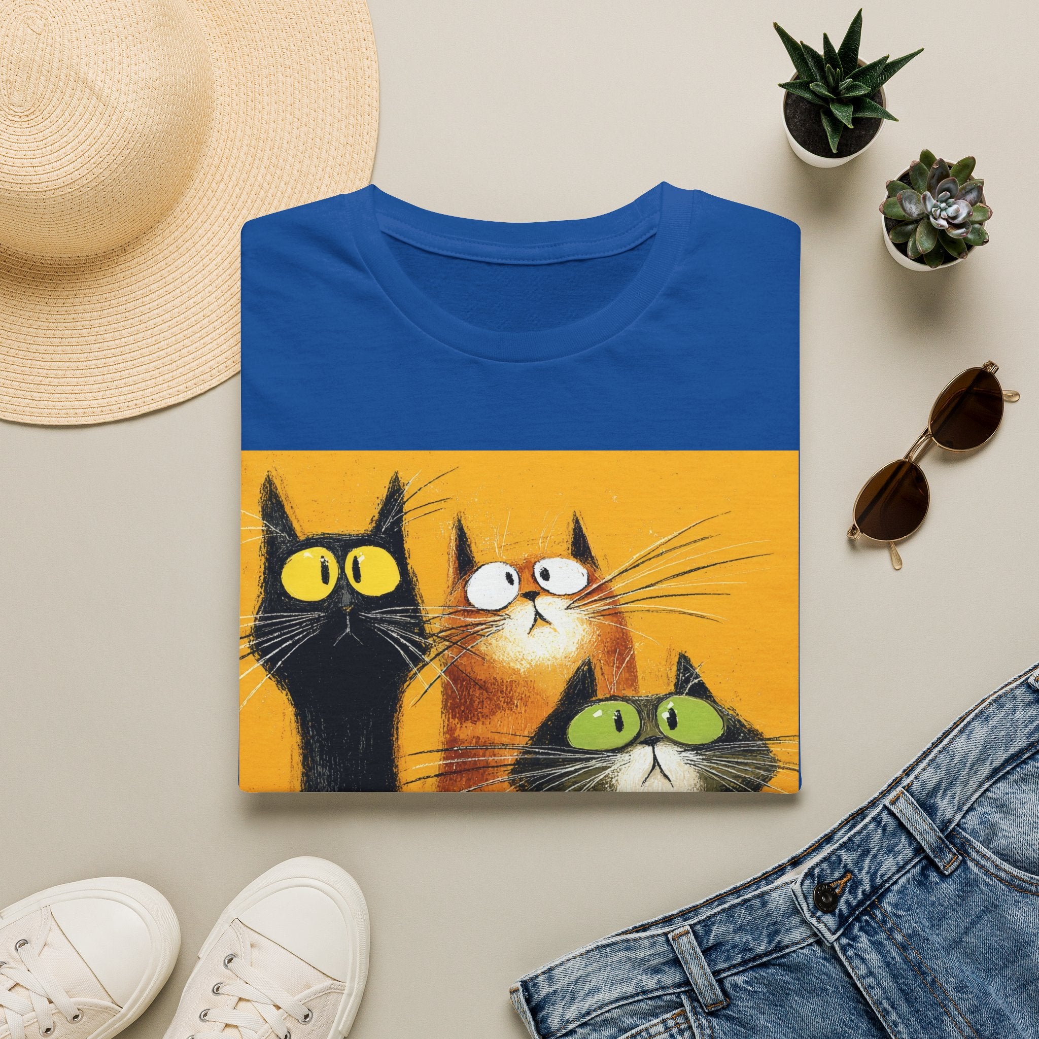 Cat Trio Graphic T-Shirt — Cute Whimsical Cats Art Tee