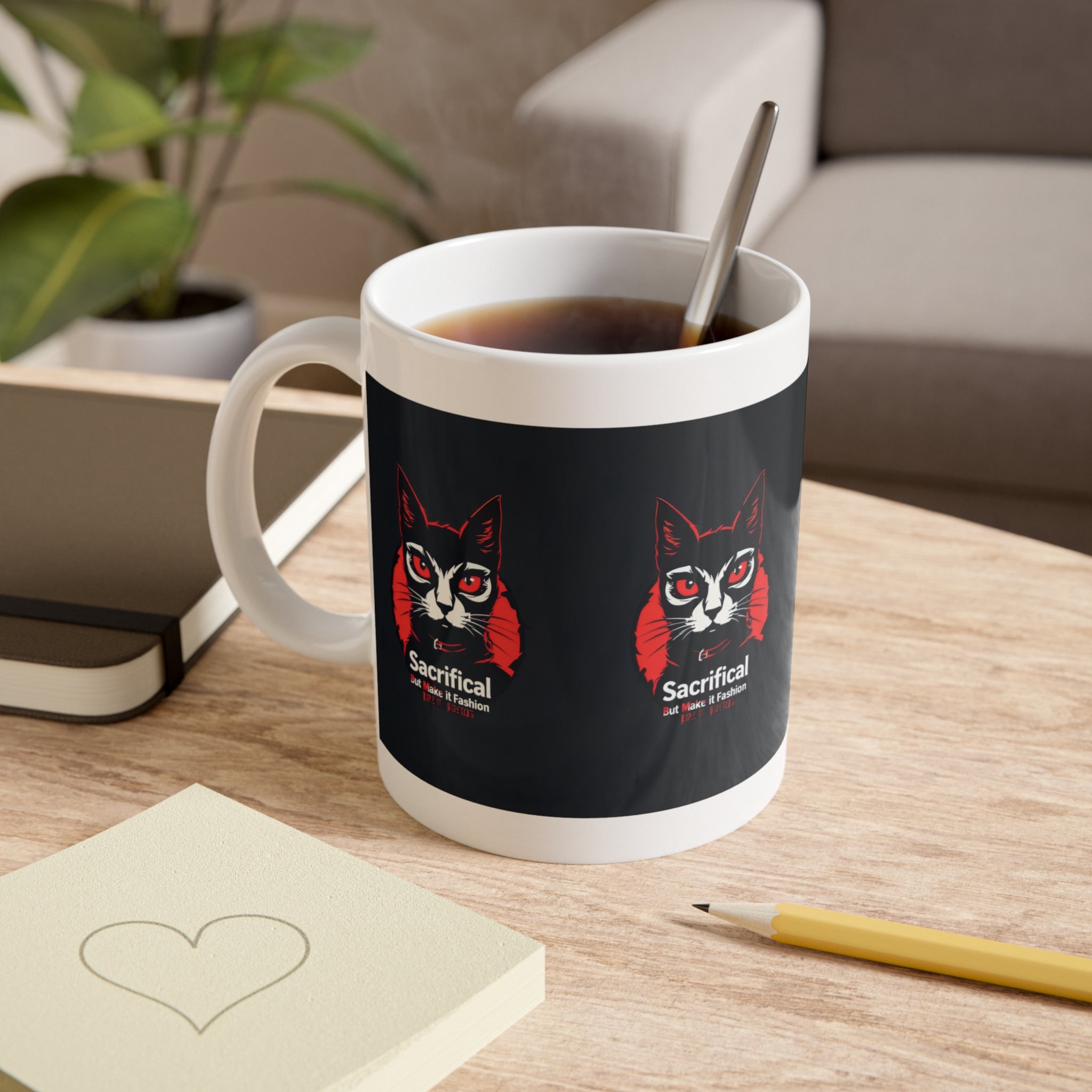 Sacrifical Cat Ceramic Mug — Red & Black Gothic Cat Coffee Cup (11oz)