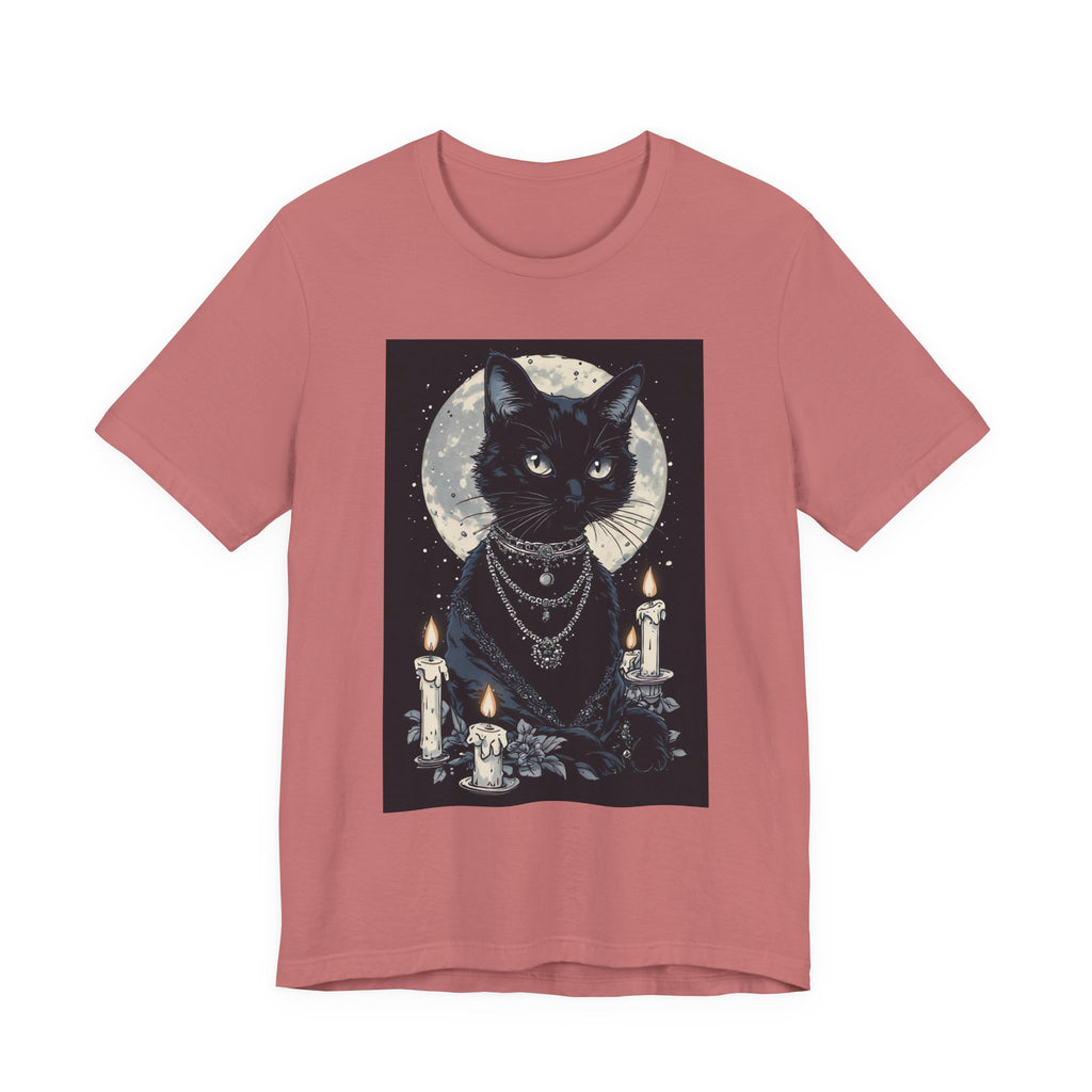Mystic Moon Black Cat Tee — Gothic Cat T-Shirt with Candles & Crescent Moon