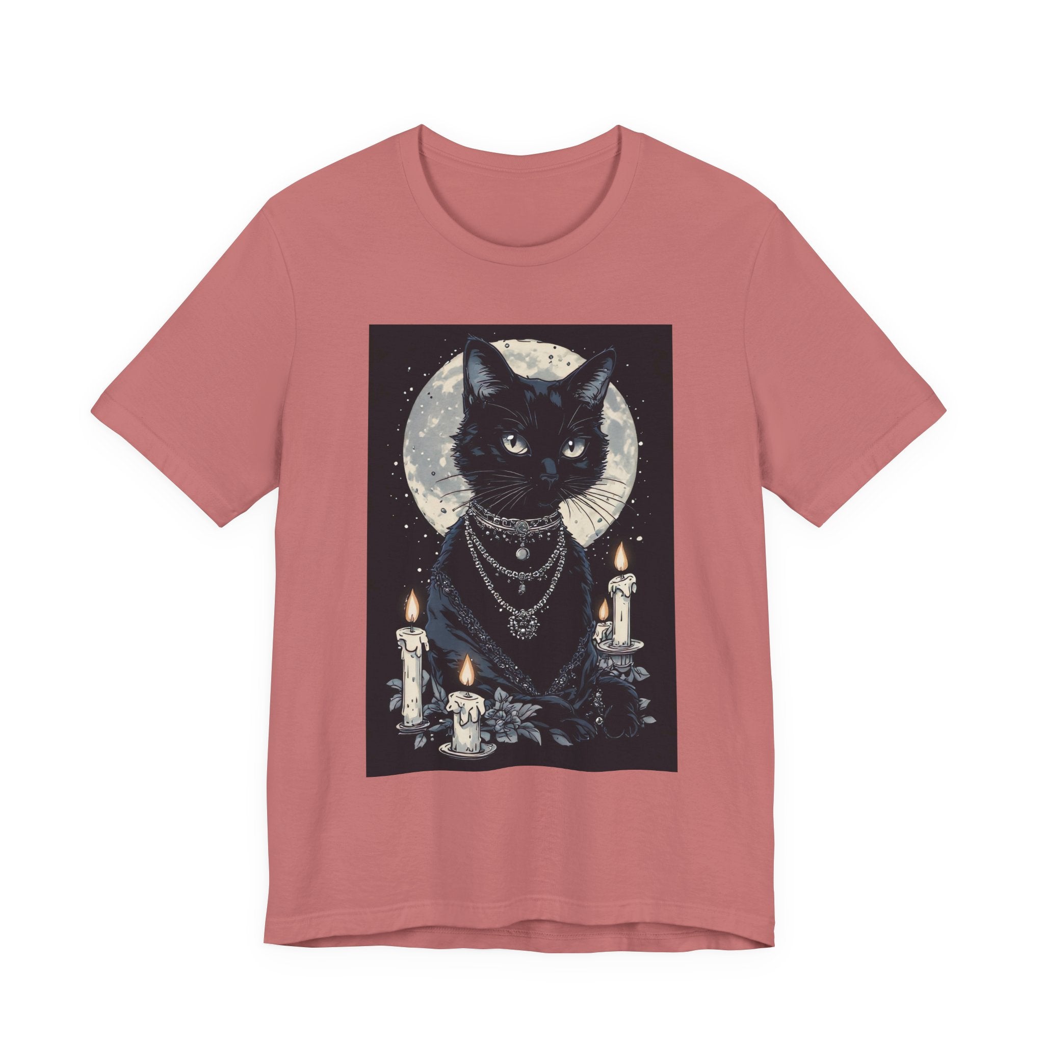 Mystic Moon Black Cat Tee — Gothic Cat T-Shirt with Candles & Crescent Moon