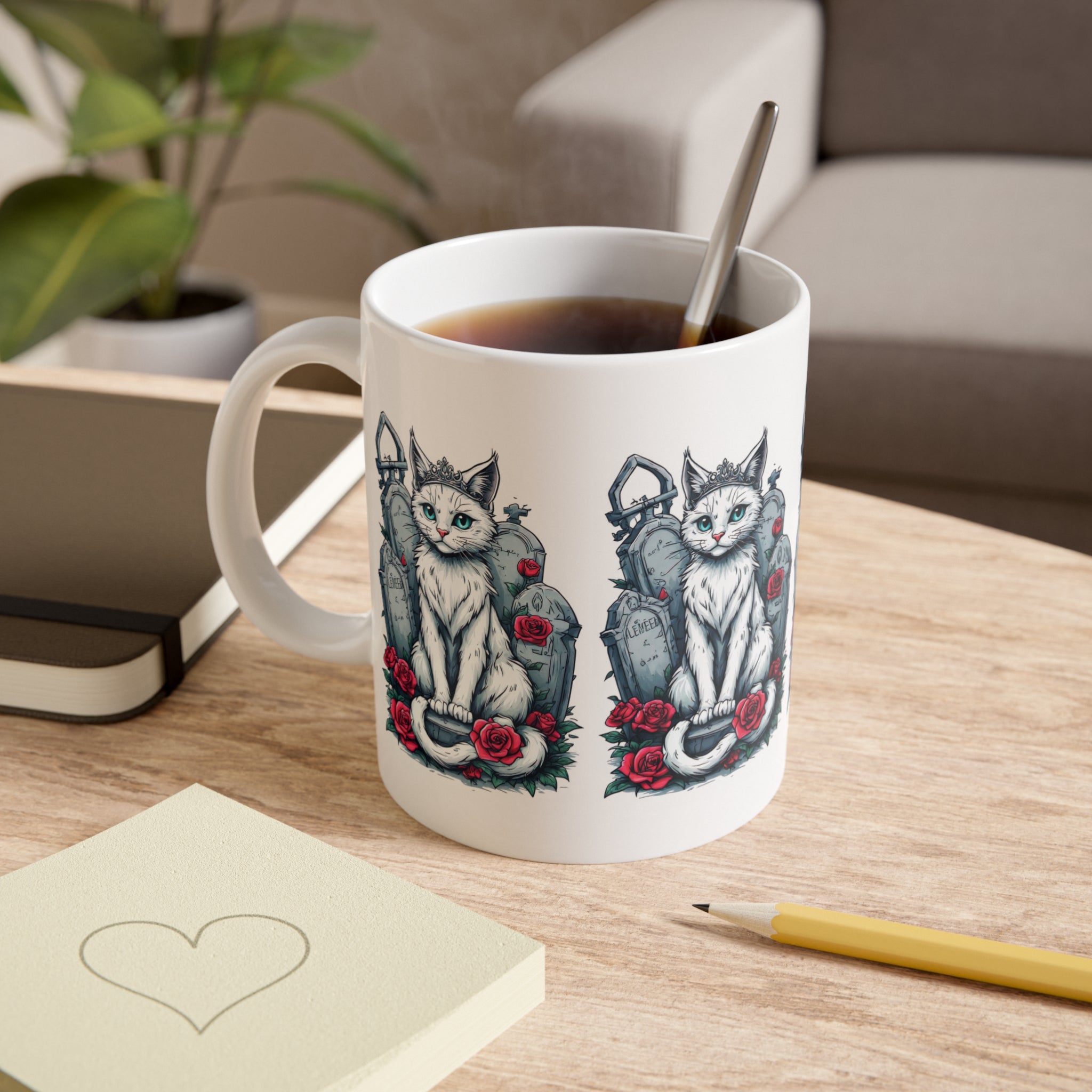 Gothic Cat & Graveyard Ceramic Mug — White Cat with Tombstones & Red Roses, 11oz