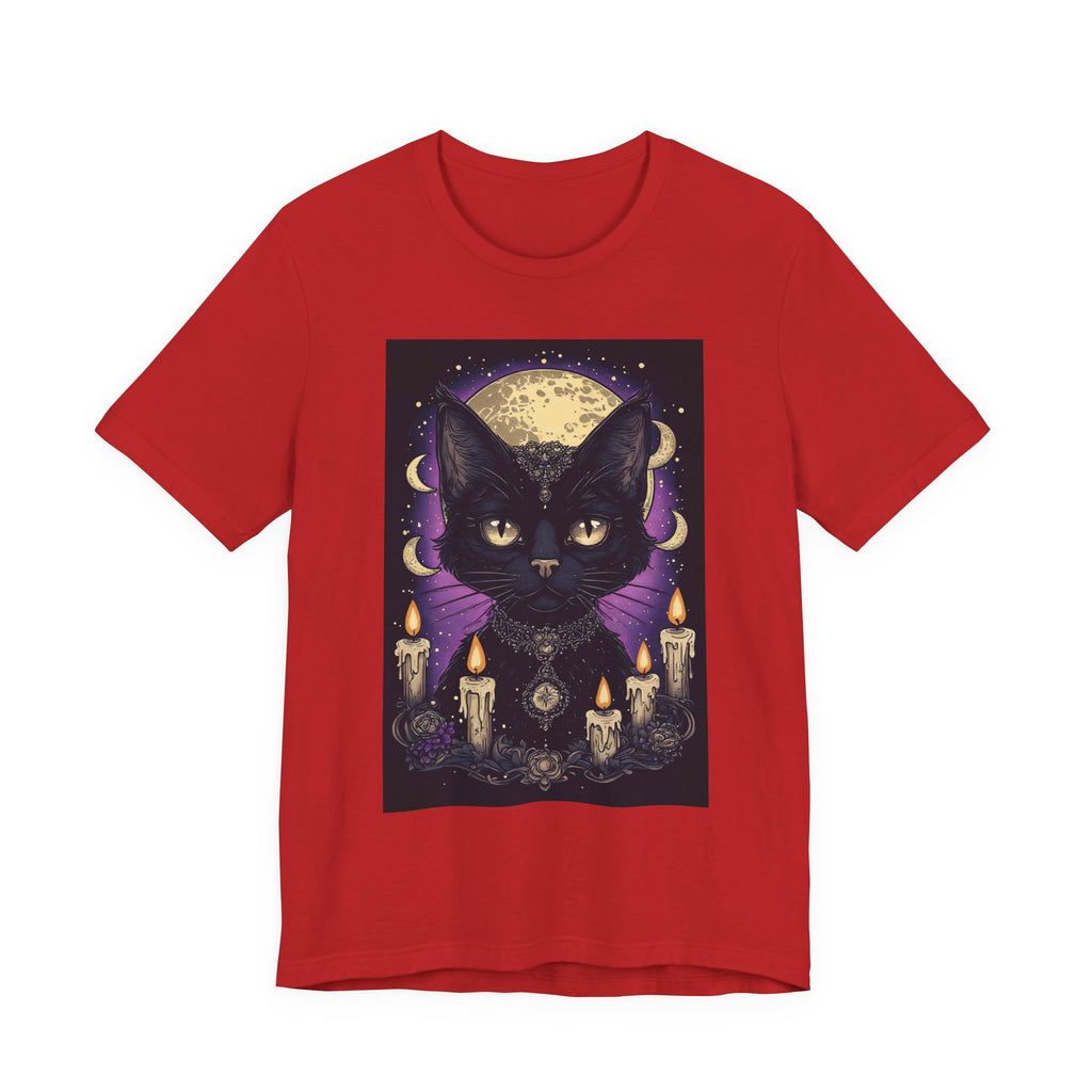Mystic Black Cat Tee — Moon, Candles & Crescent Phases Graphic T-Shirt