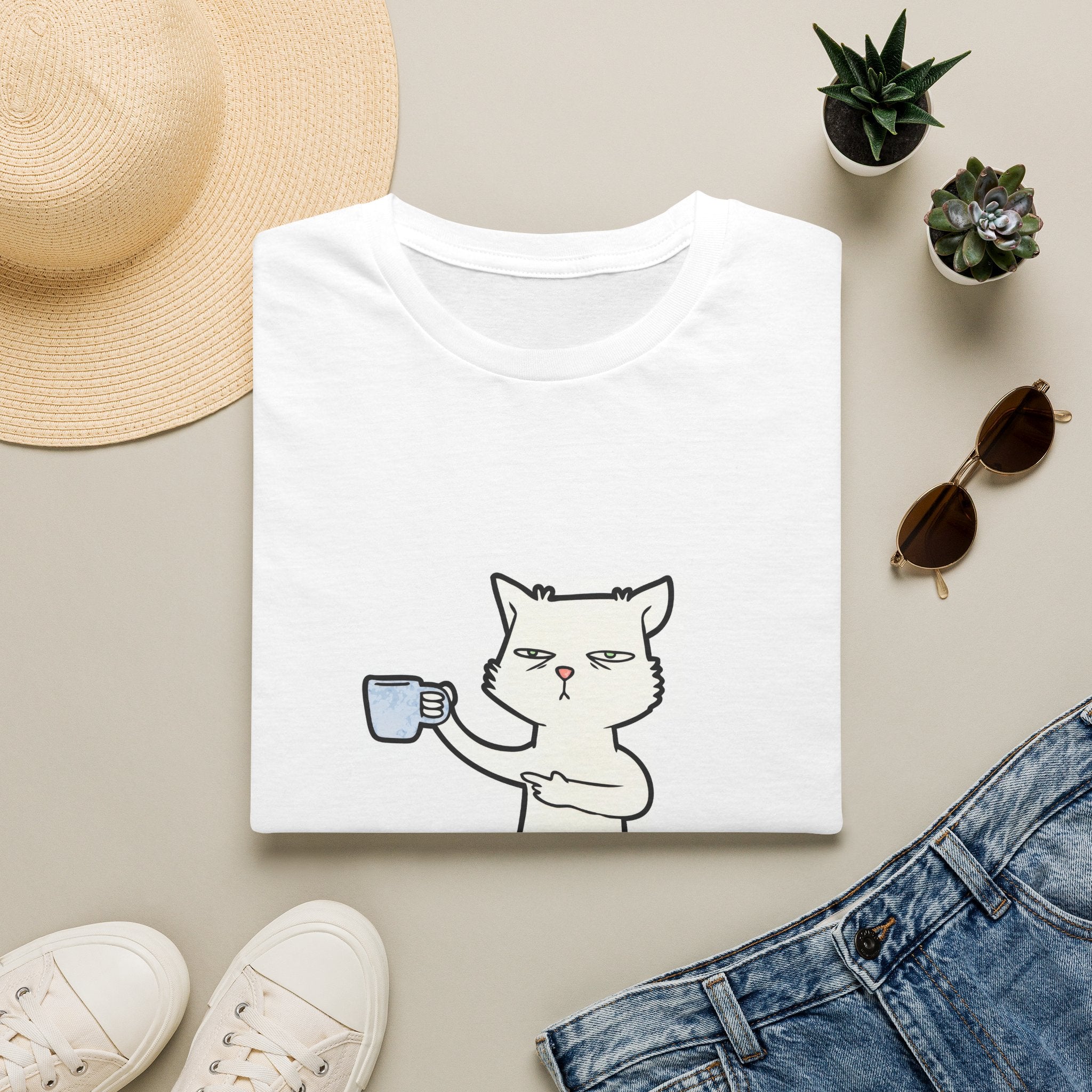Cat with Coffee T‑Shirt — "First I Drink The Coffee, Then I Do The Things" Cute Lazy Cat Tee