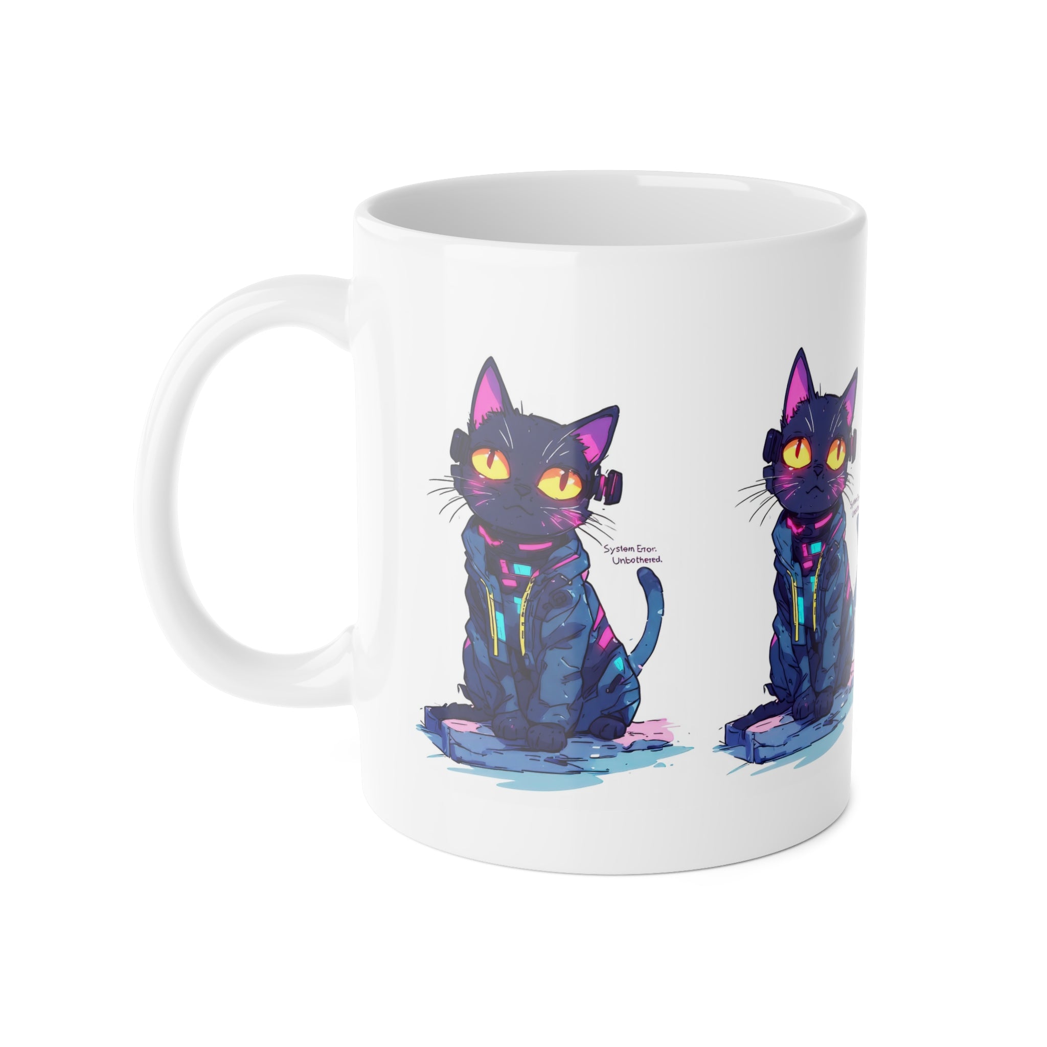 Black Cat Art Mug — Colorful Neon Illustration Ceramic Coffee Cup (11 oz)