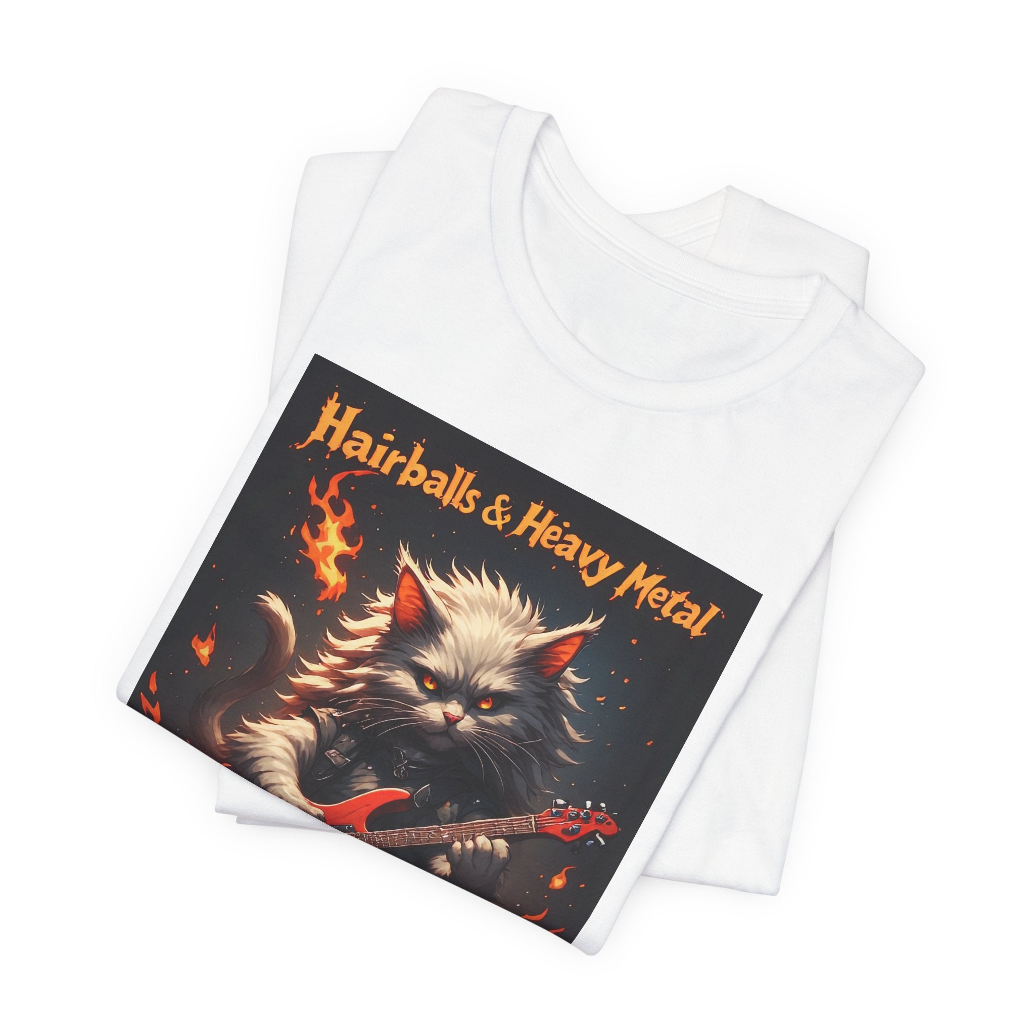 Hairballs & Heavy Metal T‑Shirt — Cat Guitarist Rock Tee