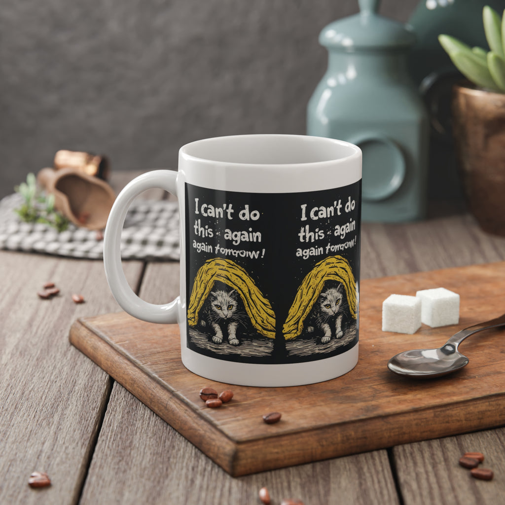 Cat Under Blanket Coffee Mug — "I can't do this again, again tomorrow!" Novelty Ceramic Mug