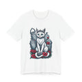 Gothic Cat Graveyard Tee – White Cat with Tombstones & Roses Graphic T-Shirt