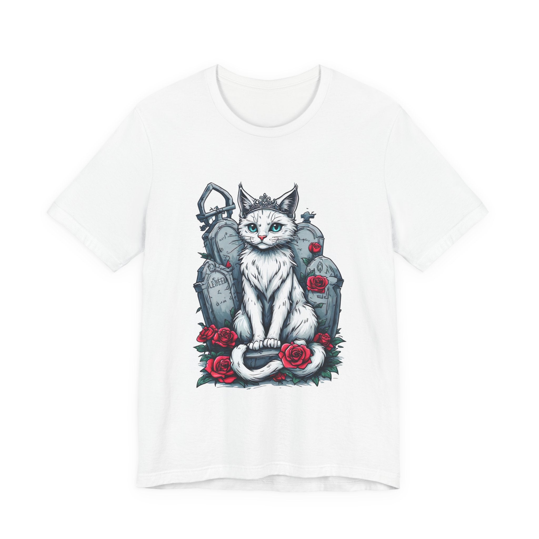 Gothic Cat Graveyard Tee – White Cat with Tombstones & Roses Graphic T-Shirt