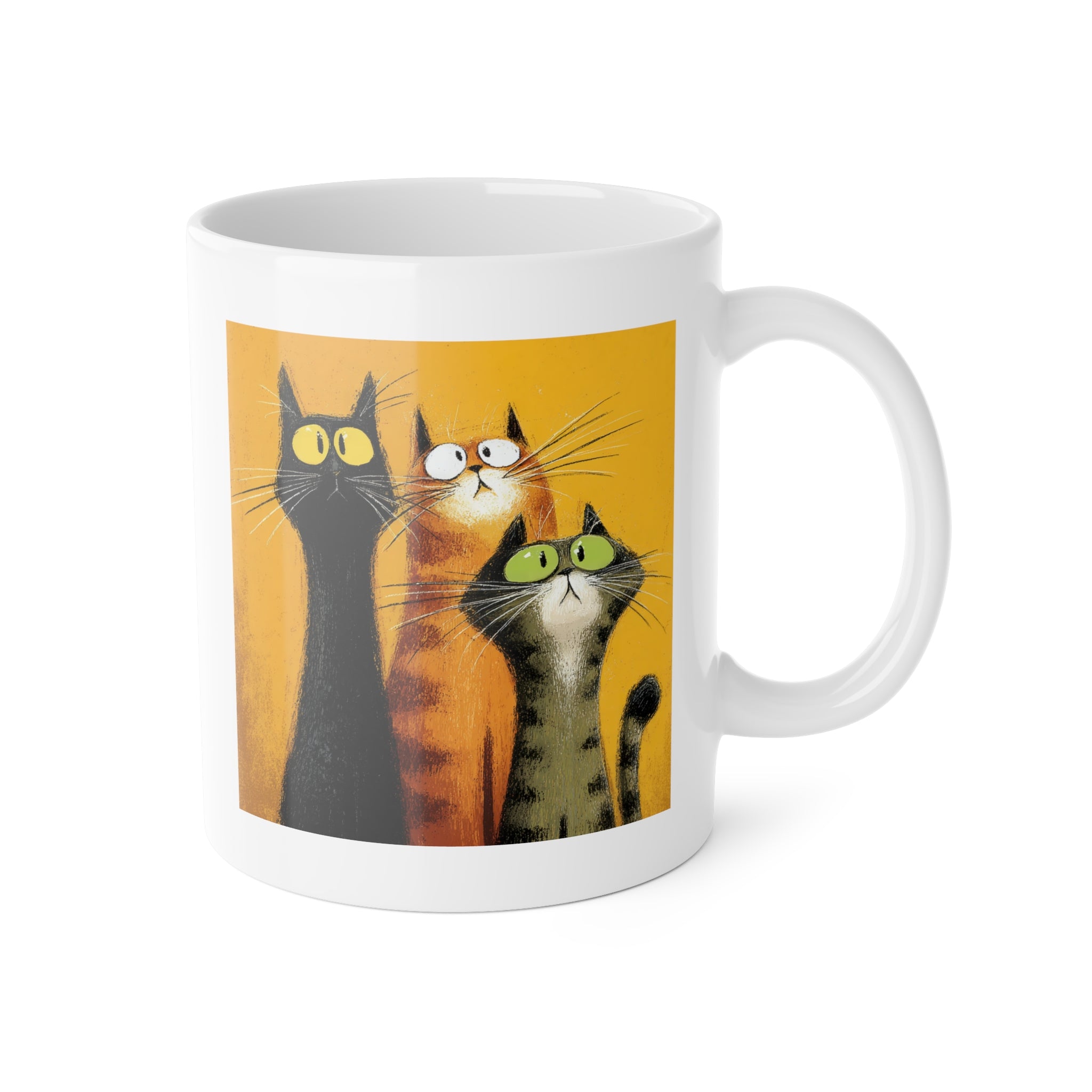 Cat Trio Mug — Whimsical Yellow Ceramic Coffee Cup