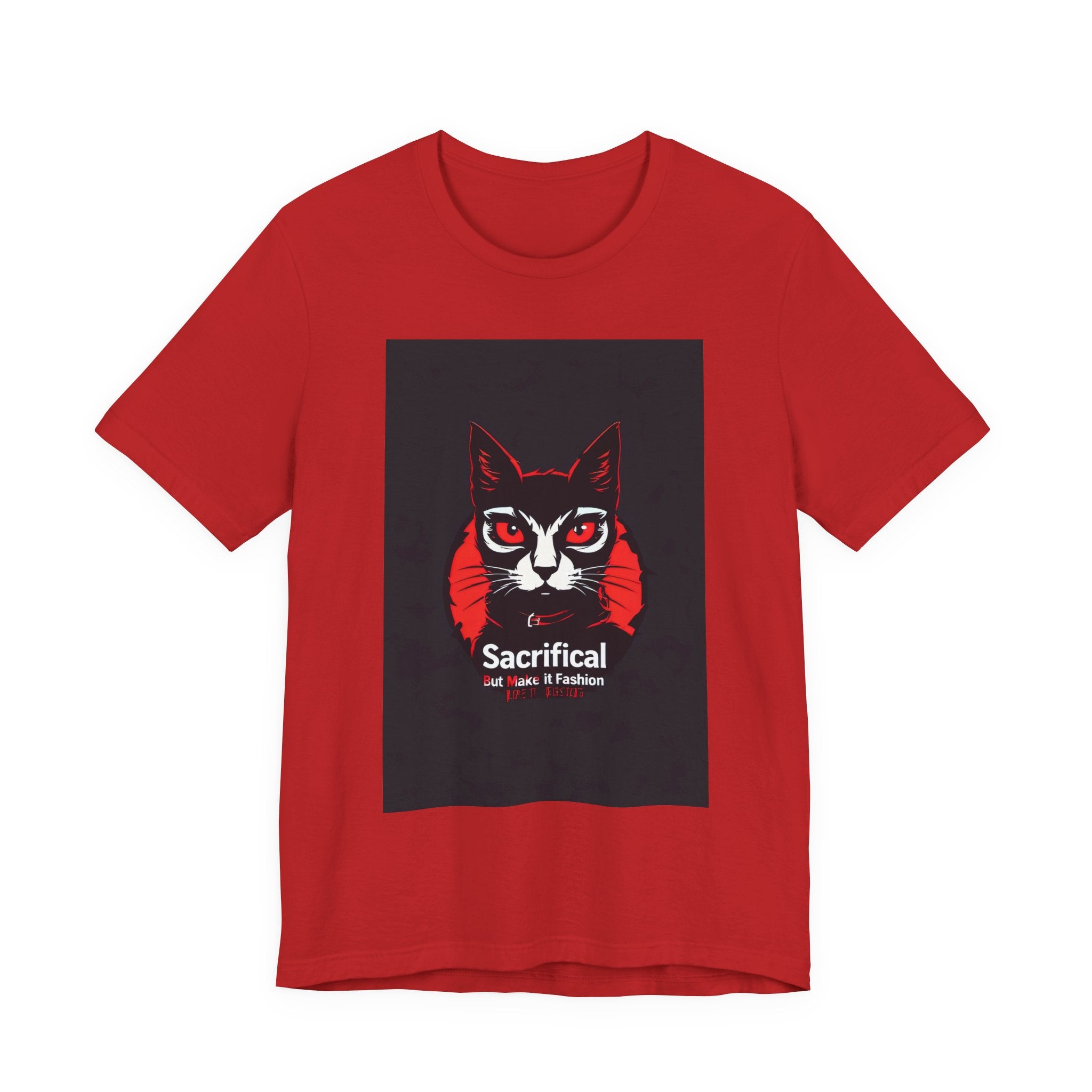 Sacrificial Cat Graphic Tee — Red & Black Retro Cat Portrait T-Shirt