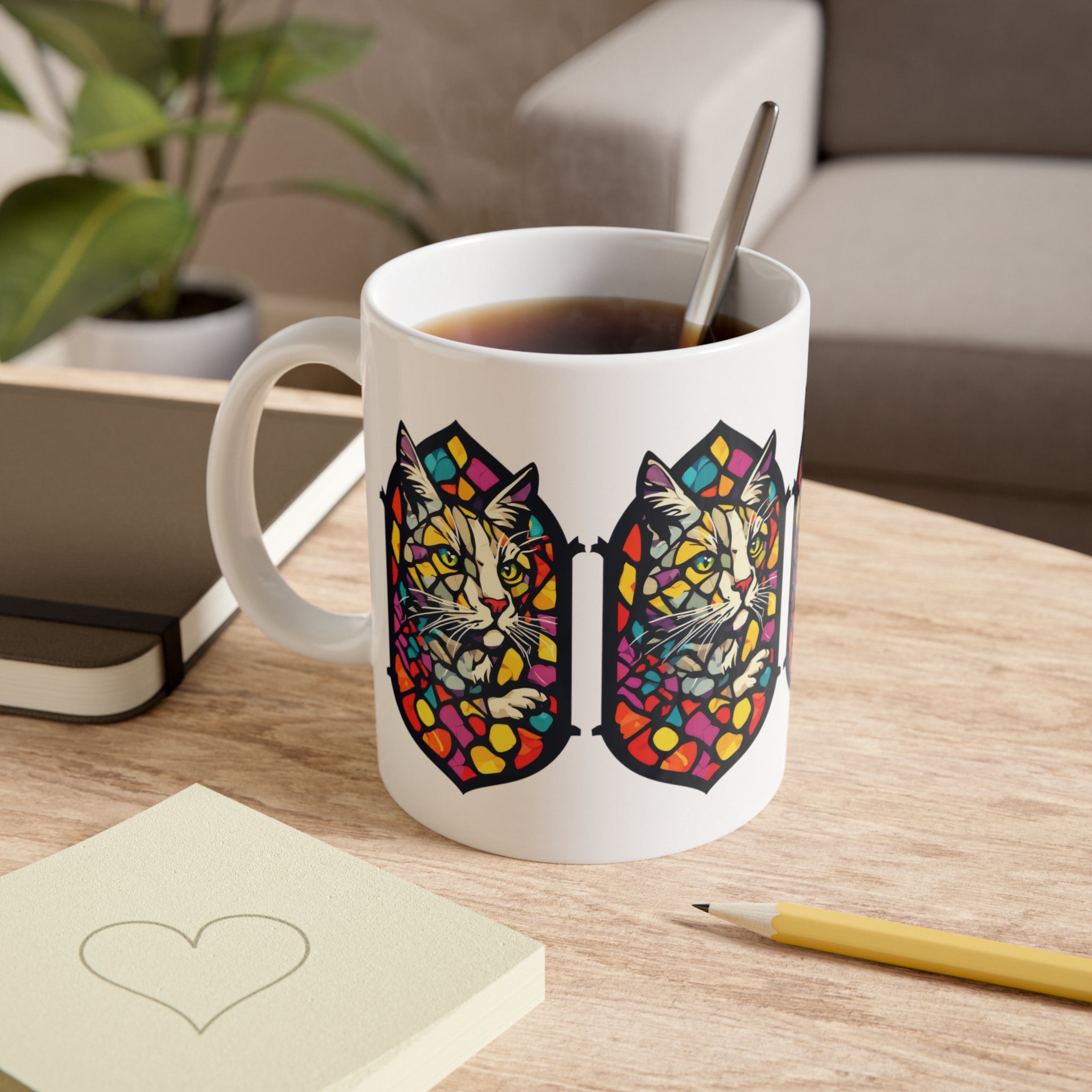 Stained Glass Cat Mug — Colorful Tabby Ceramic Coffee Cup, Cat Lover Gift