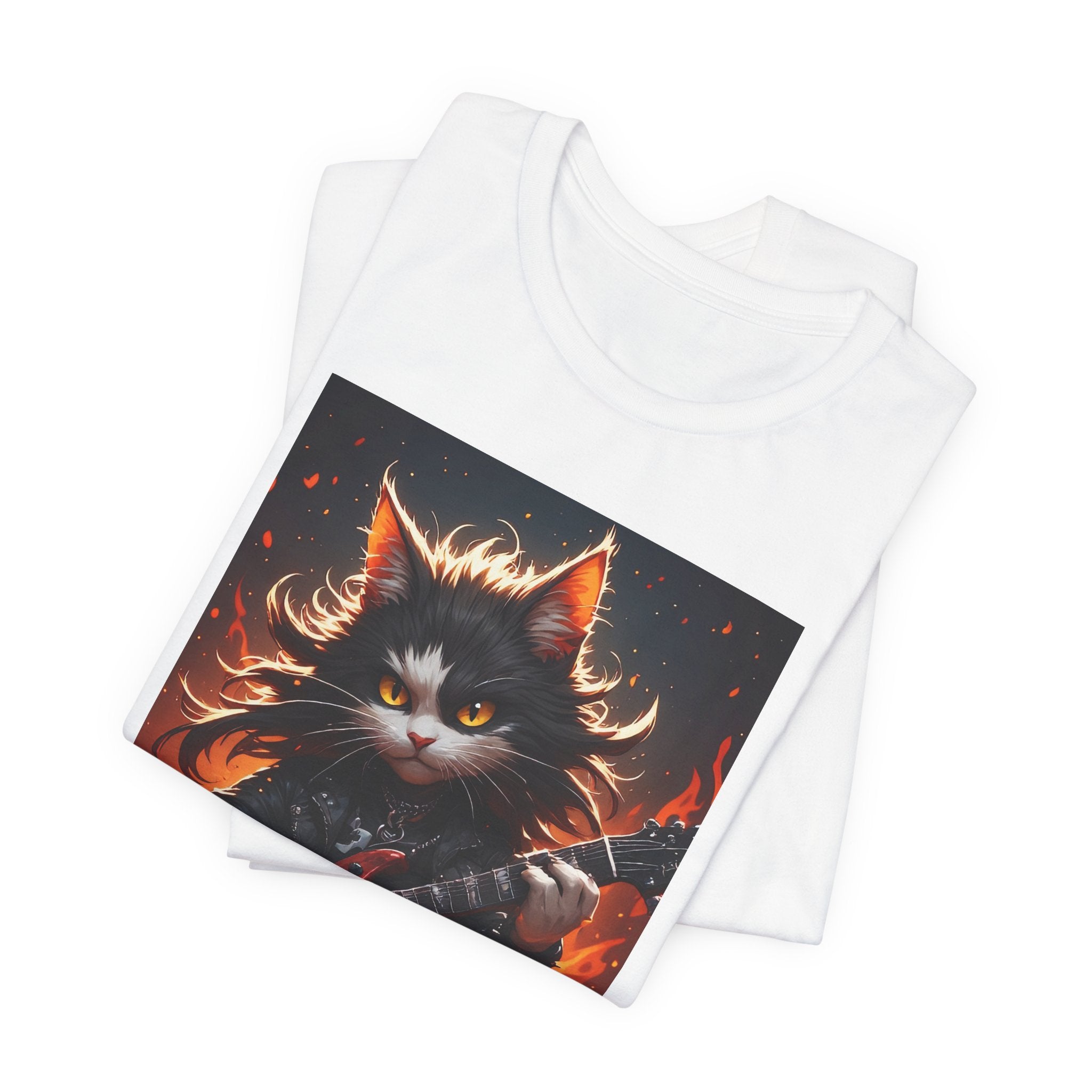 Flaming Rock Cat T‑Shirt — Guitarist Kitty in Flames Graphic Tee