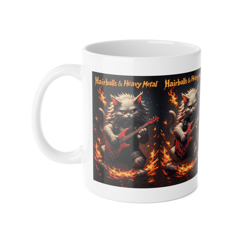 Ceramic Mug — 'Hairballs & Heavy Metal' Flaming Guitar Cat Coffee Mug