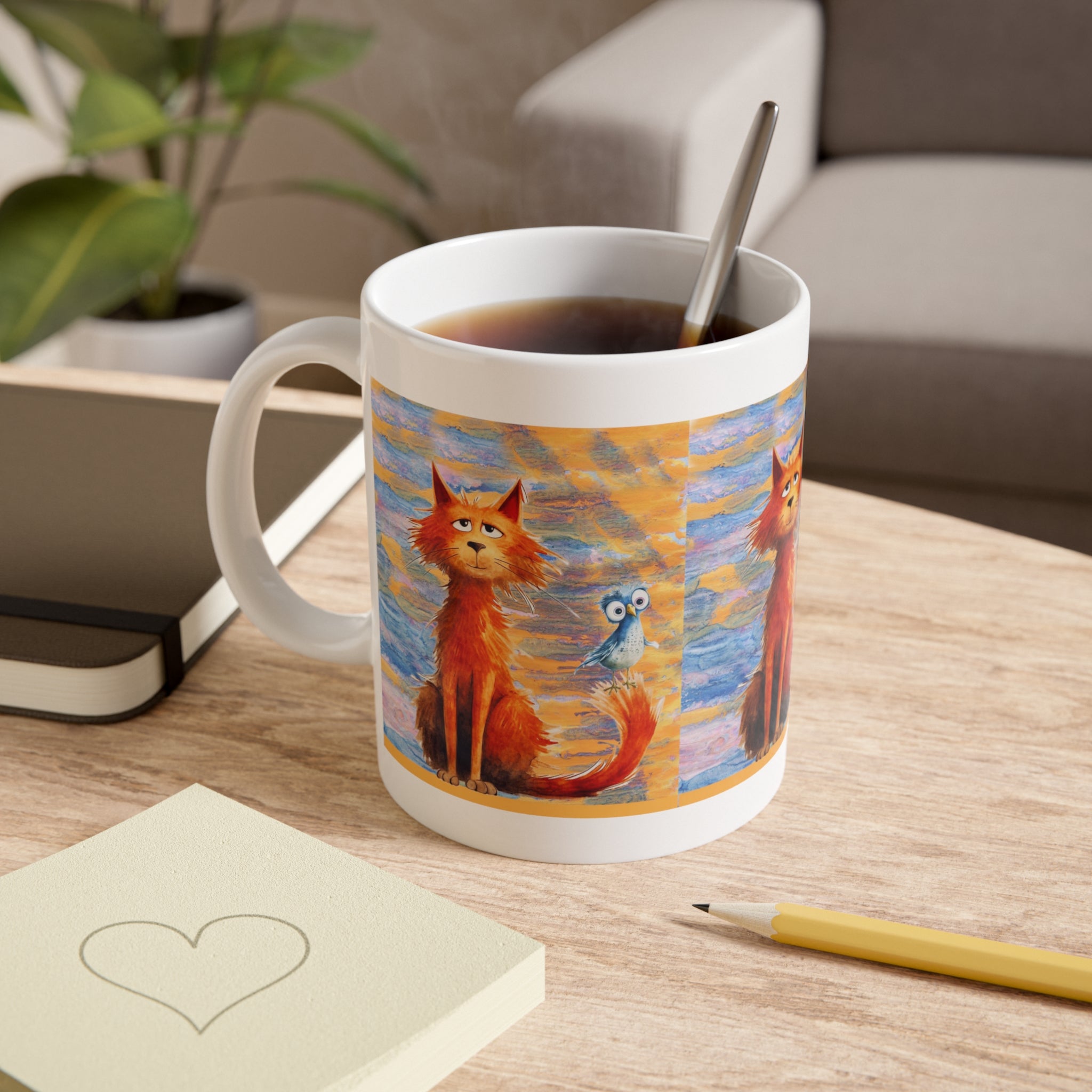 Whimsical Cat & Owl Ceramic Mug — Colorful 11oz Tea Coffee Cup