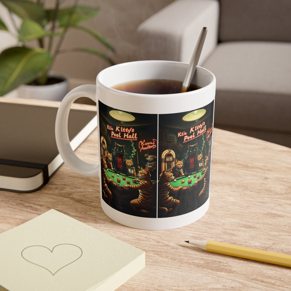Kitty’s Pool Hall Ceramic Mug — Vintage Cat Billiards Coffee Cup