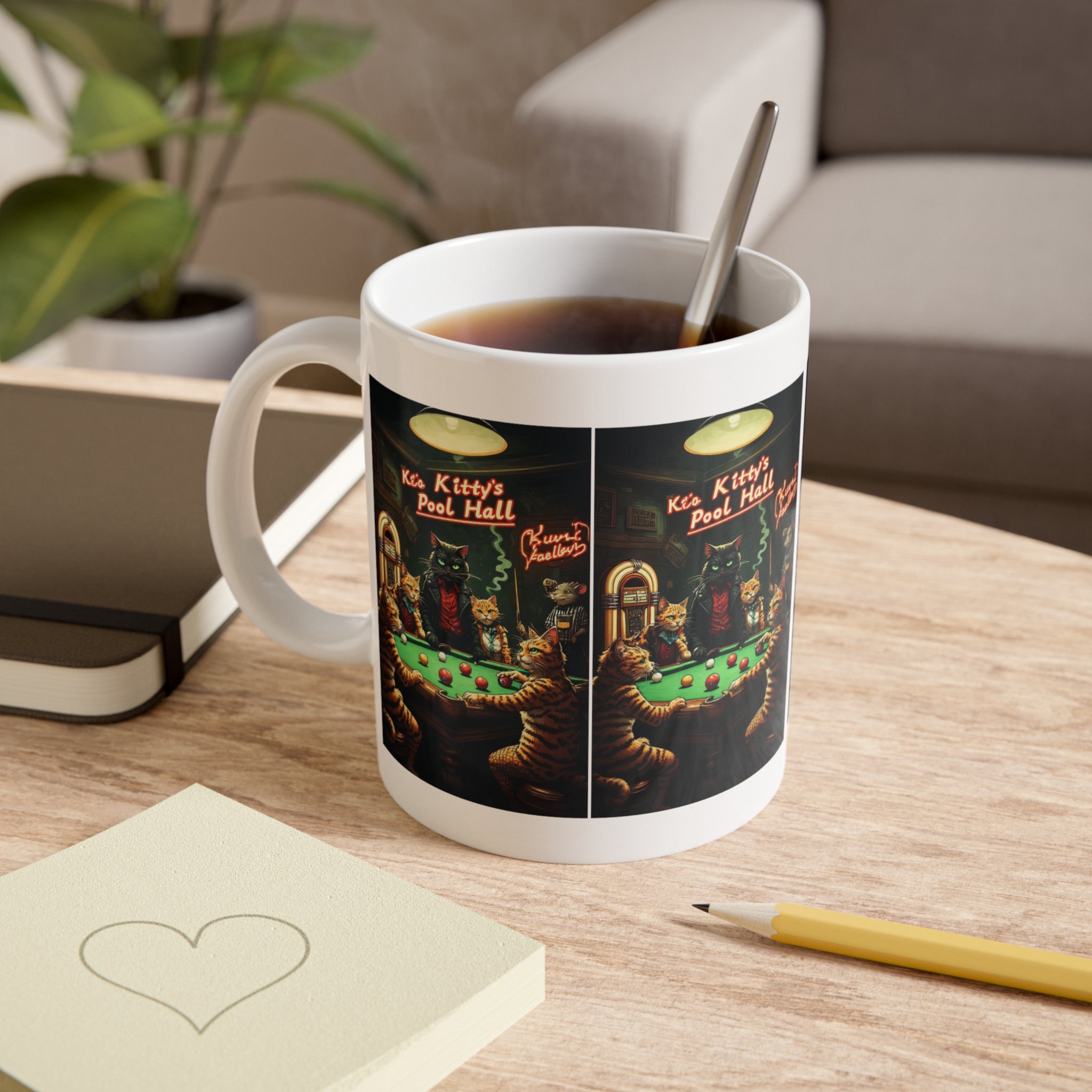 Kitty’s Pool Hall Ceramic Mug — Vintage Cat Billiards Coffee Cup