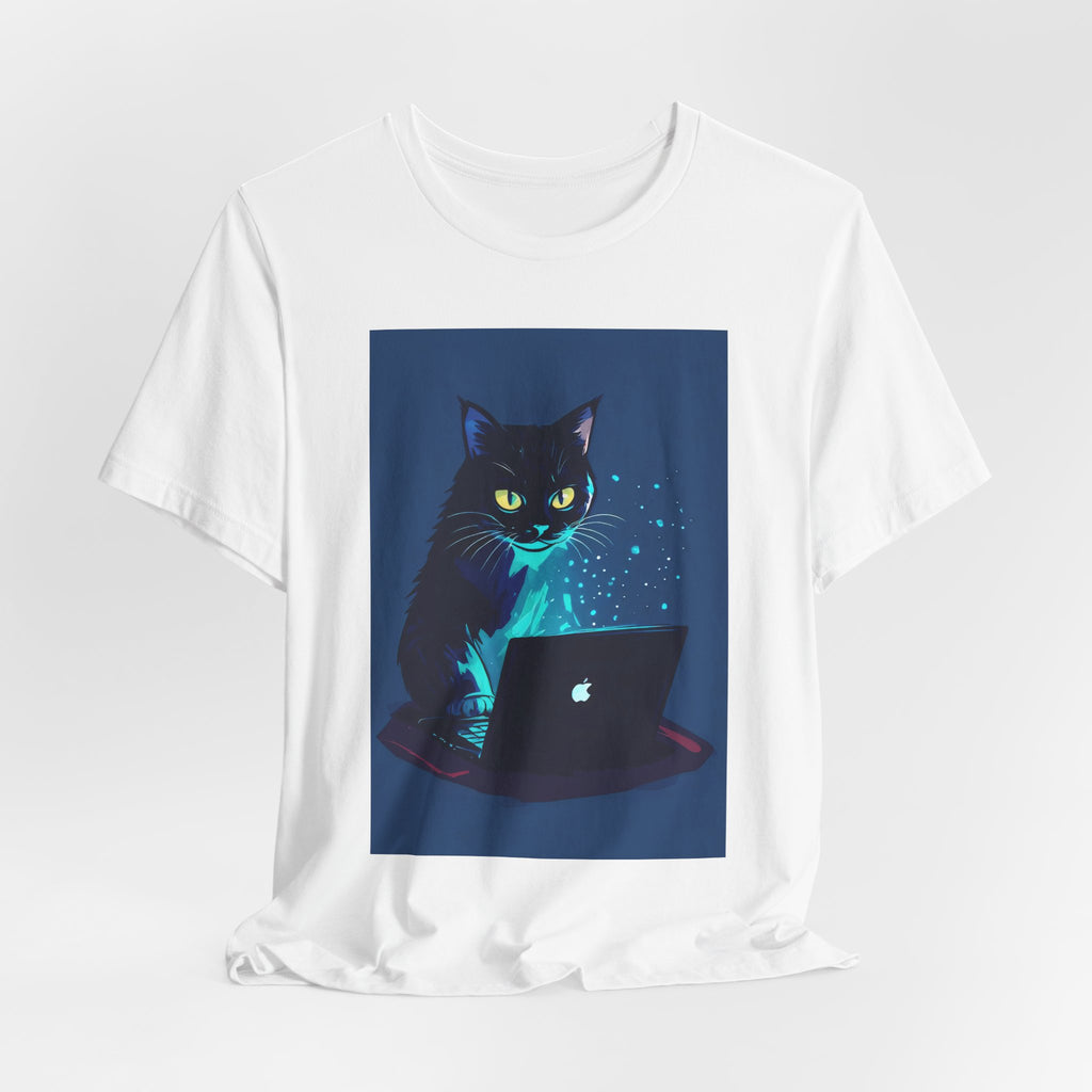 Cat Hacker T‑Shirt — Glowing Laptop Black Cat Graphic Tee