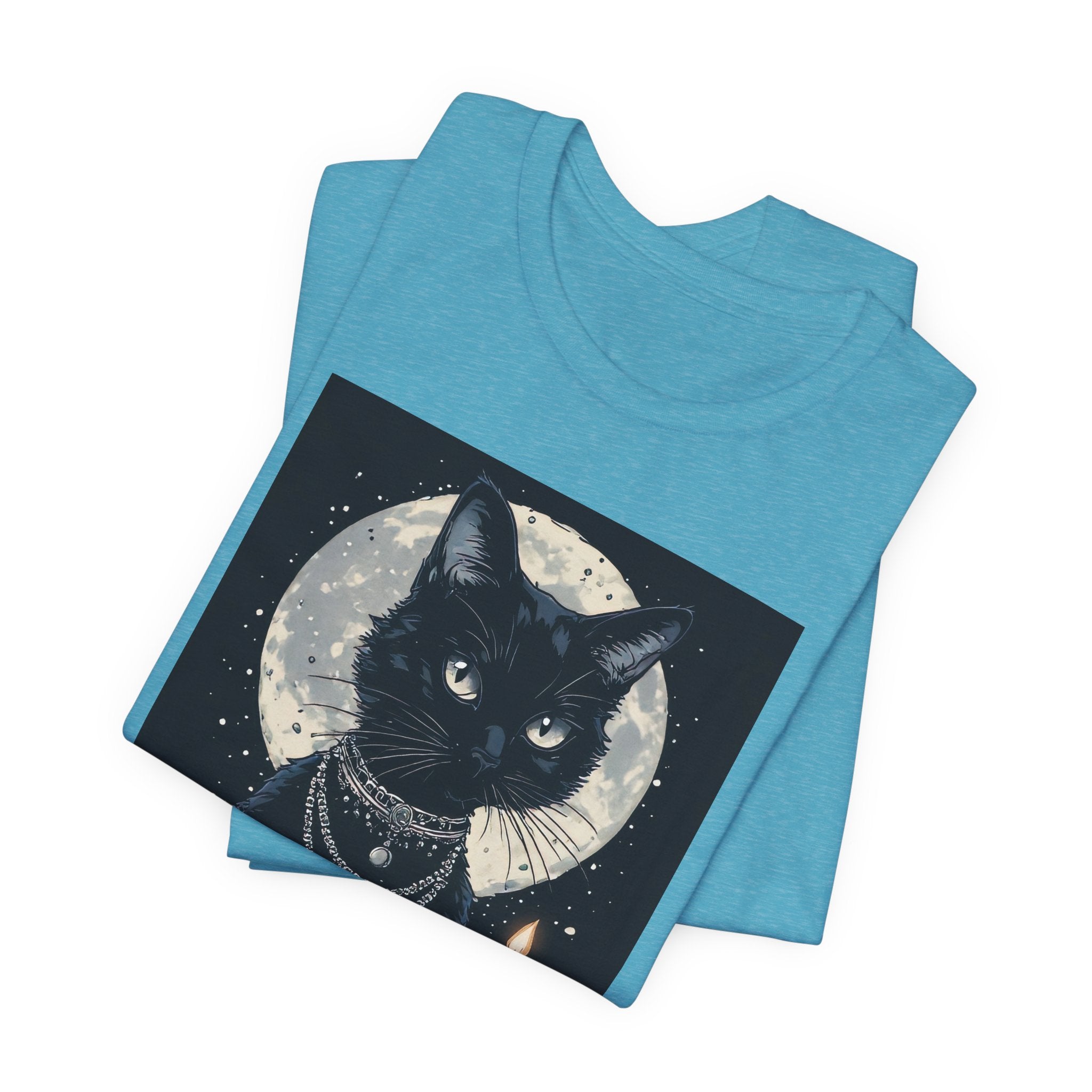 Mystic Moon Black Cat Tee — Gothic Cat T-Shirt with Candles & Crescent Moon