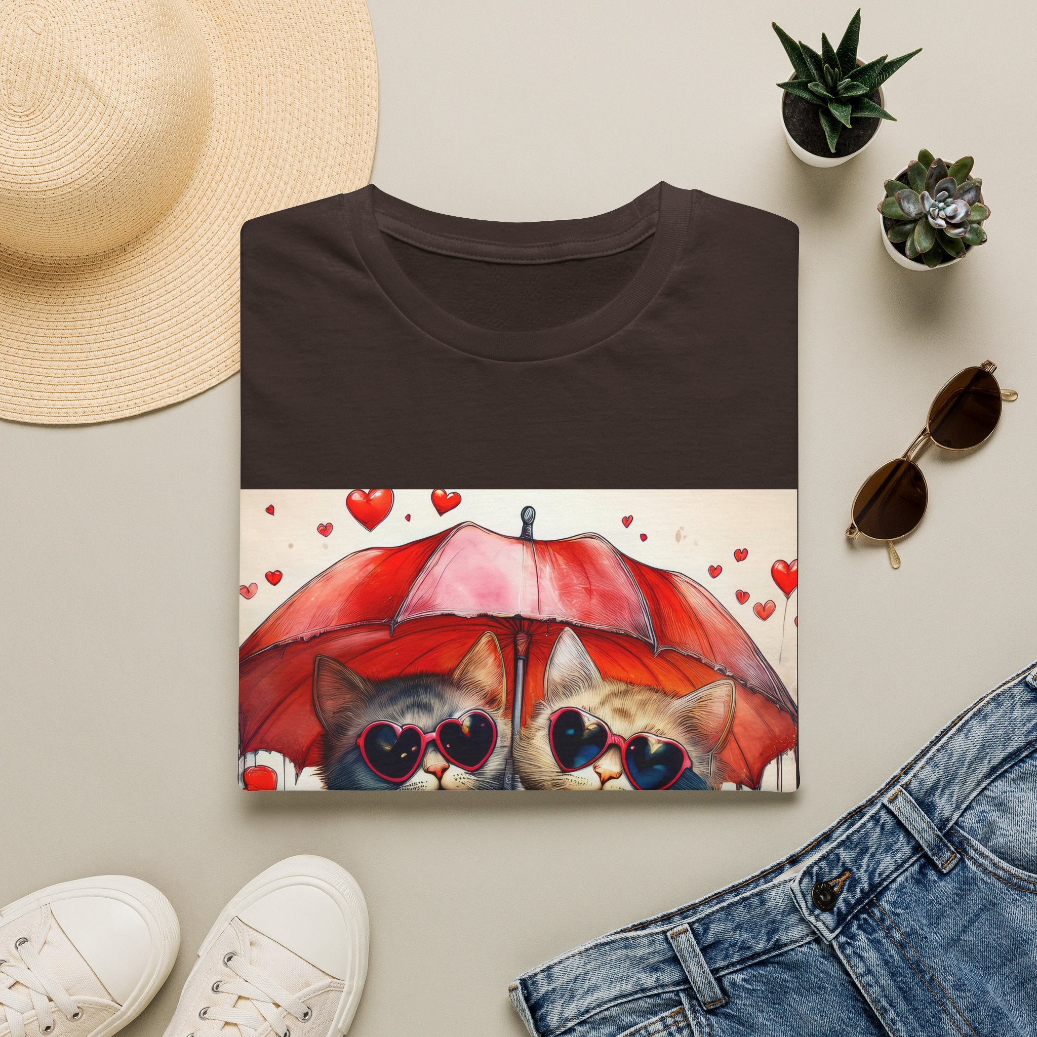 Cat Love T-Shirt — Kittens with Heart Sunglasses Under Red Umbrella